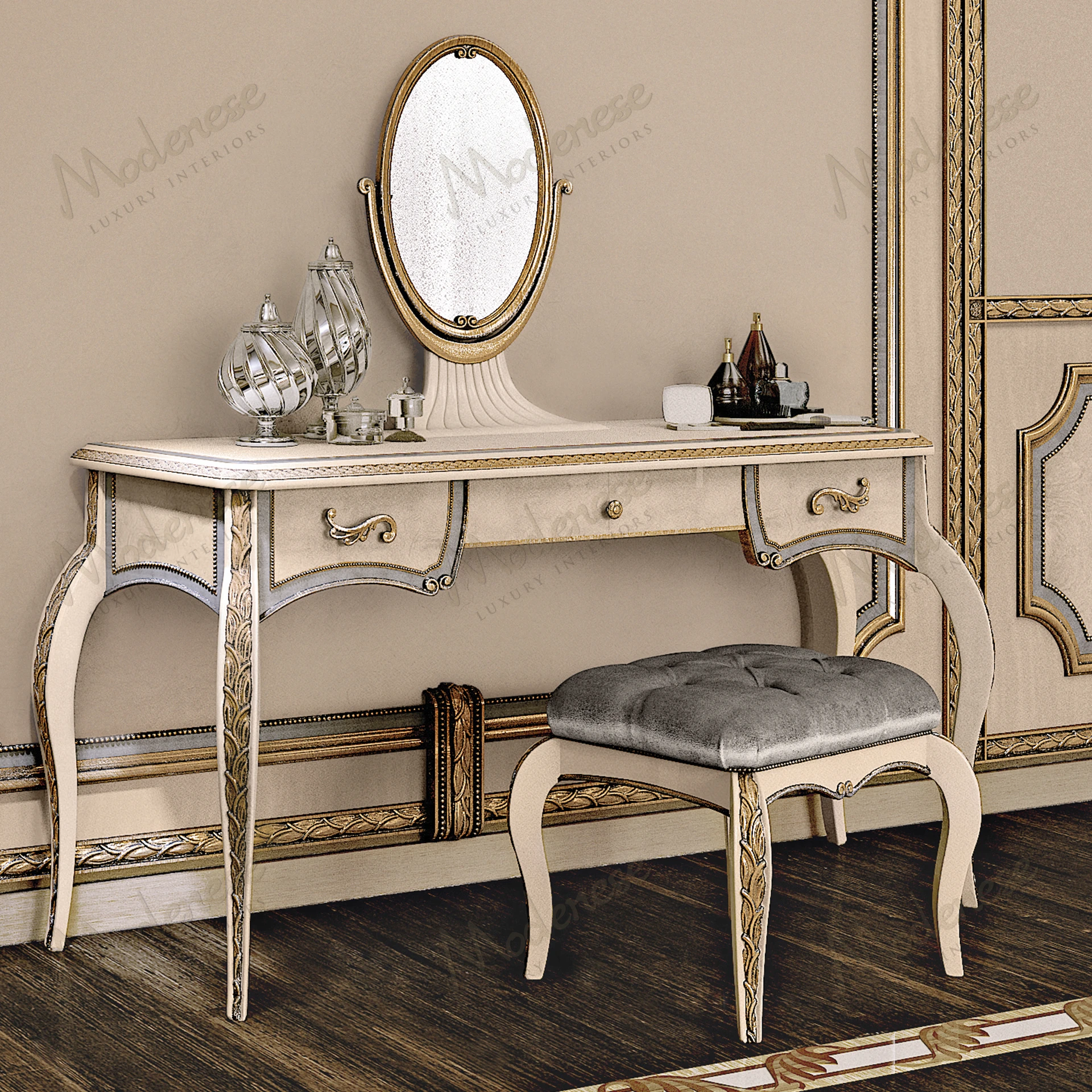 Ivory lacquered Embrace Pouf with antiqued gold leaf details, showcasing elegant design. Perfect for stylish interiors..