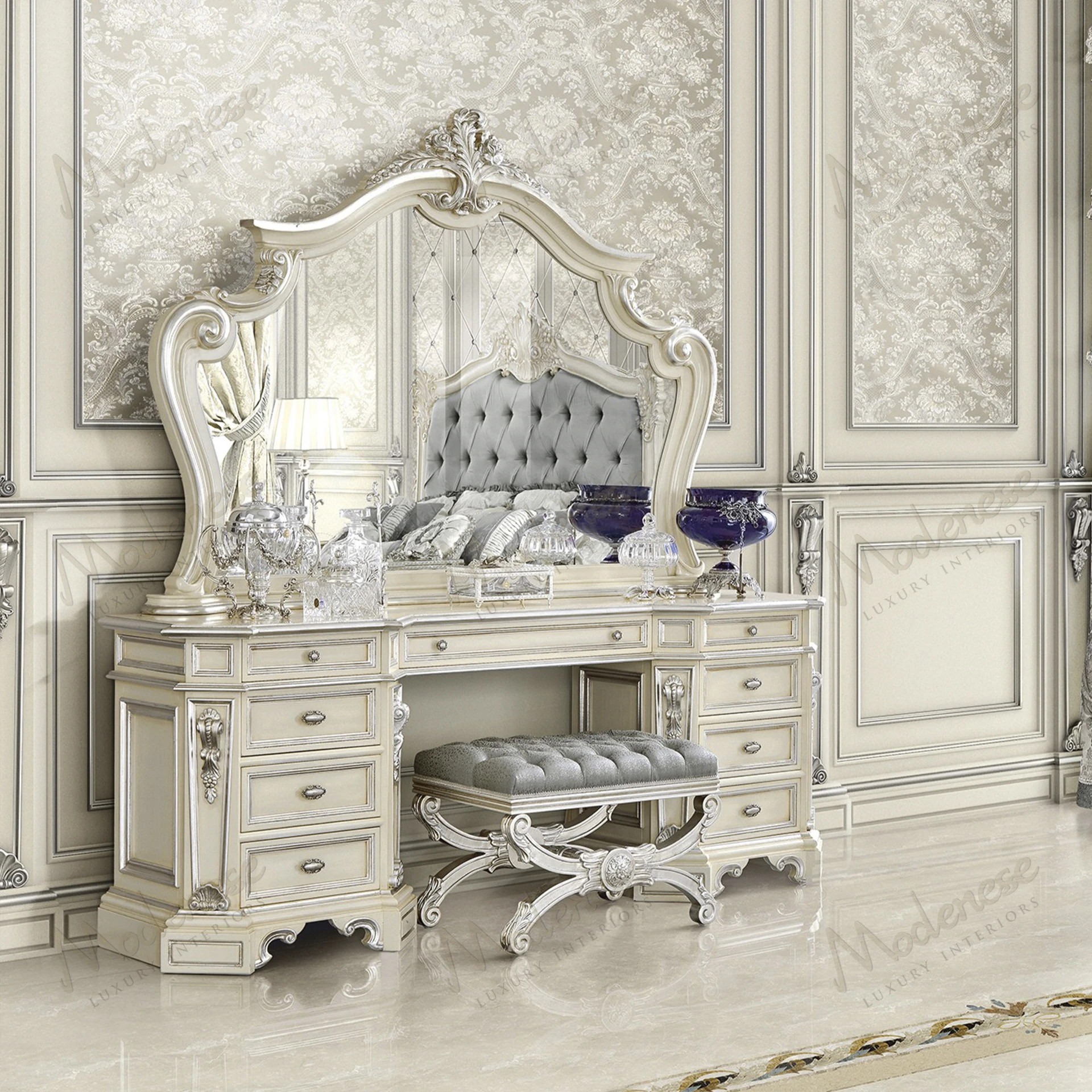 Light blue Ivory Sky Pouf with capitonné buttons, cozy texture. Upholstered for comfort. Suitable for living room or bedroom seating..