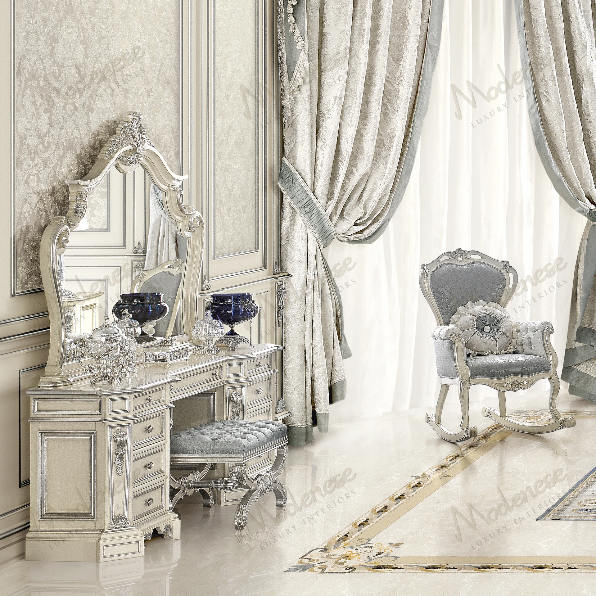 Ivory Sky Pouf with a wooden frame, fabric upholstery, and a full silver leaf finish; sleek design for modern interiors..