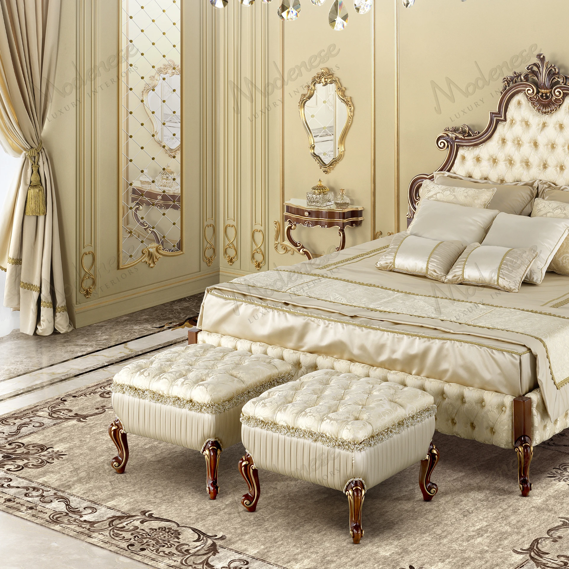 A luxurious wood pouf with a walnut finish, gold leaf accents, and sleek fabric. Perfect for elegant interiors..