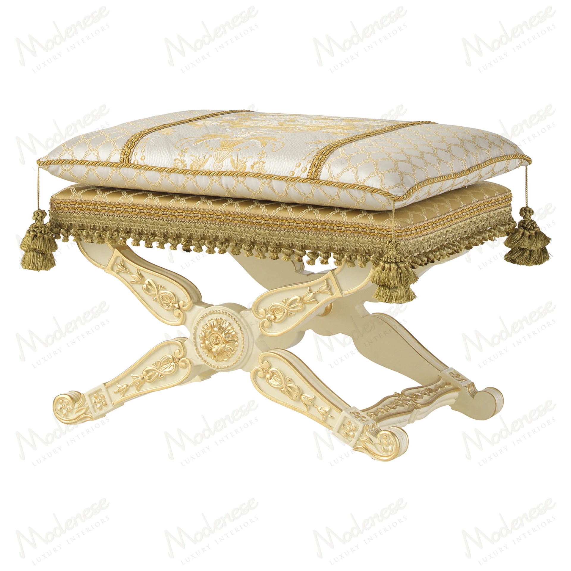 Elegant Golden Radiance Pouf with ivory lacquered finish and gold leaf details, showcasing a sophisticated design