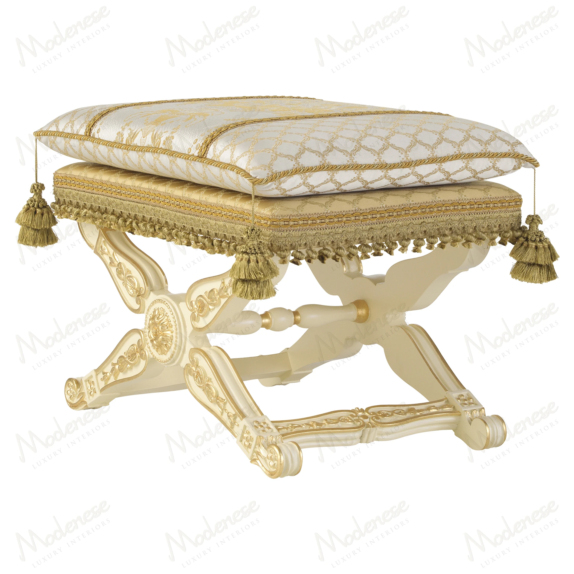 A cozy Golden Radiance Pouf upholstered in elegant cream and gold damask fabric, offering a luxurious texture and sophisticated design