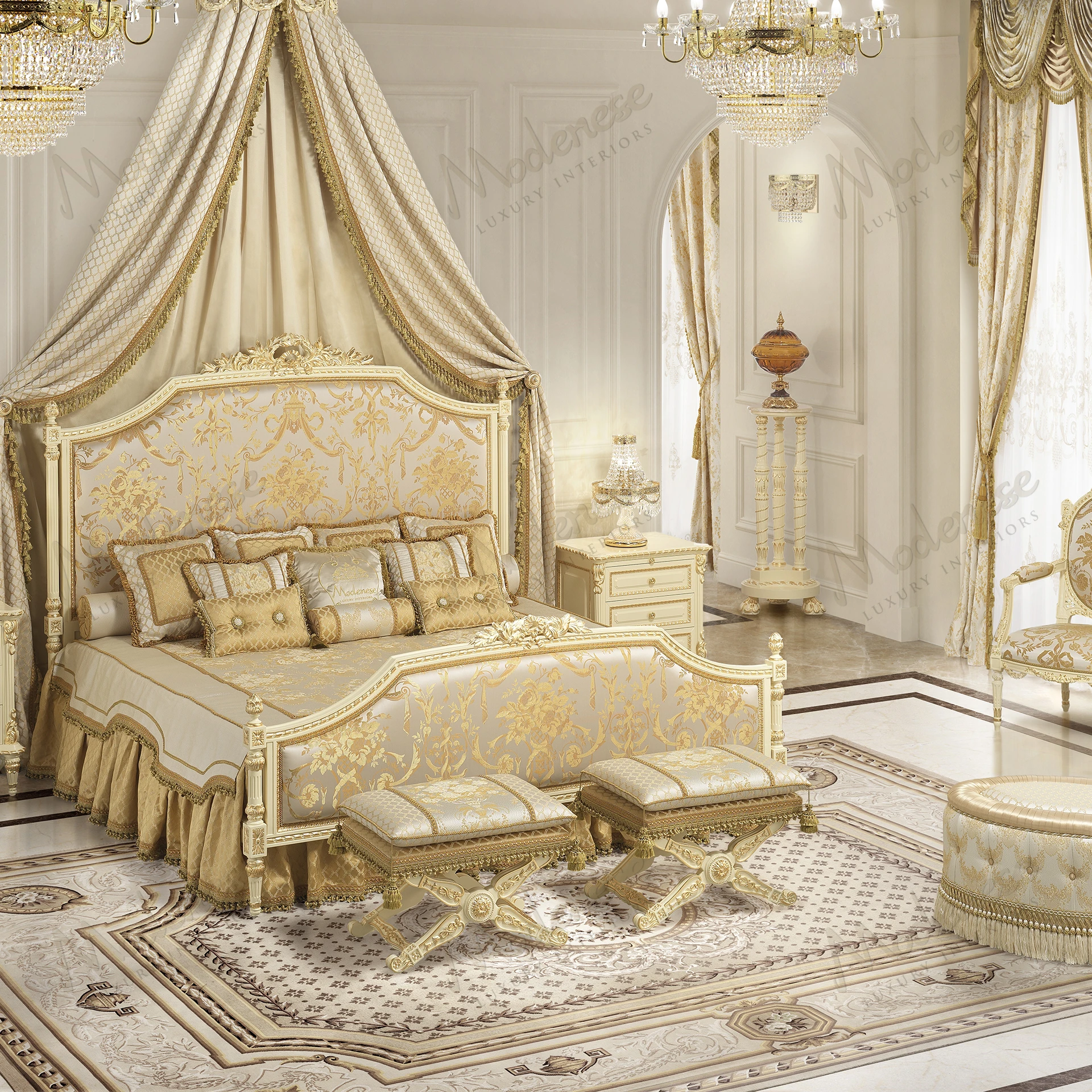 A contemporary pouf with wooden structure, cream and gold damask fabric, offering a luxurious touch and elegant seating option