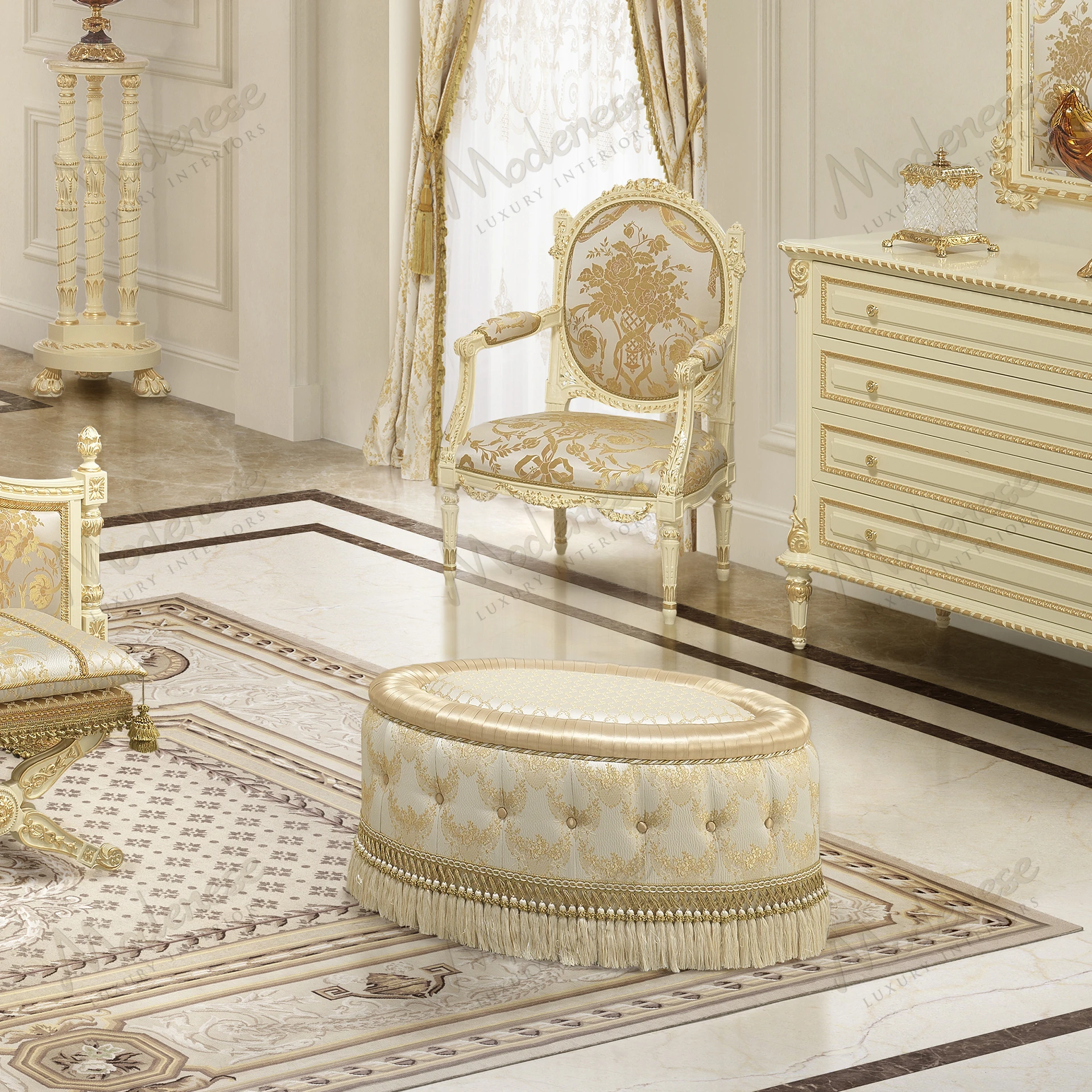 Oval pouf with a golden radiance finish, elegant design, and smooth surface. Perfect for adding a touch of sophistication to any room