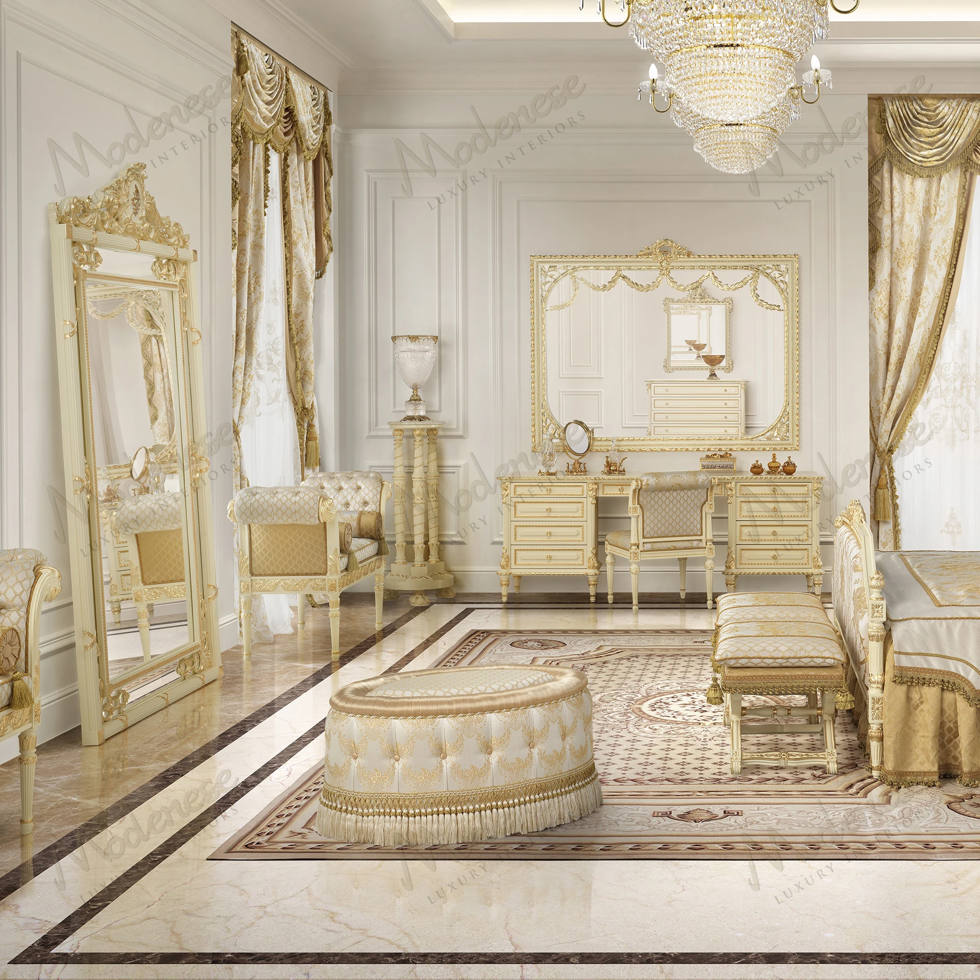 Oval pouf in cream and gold damask with gold trim and cream fringes; offers a cozy, textured appearance