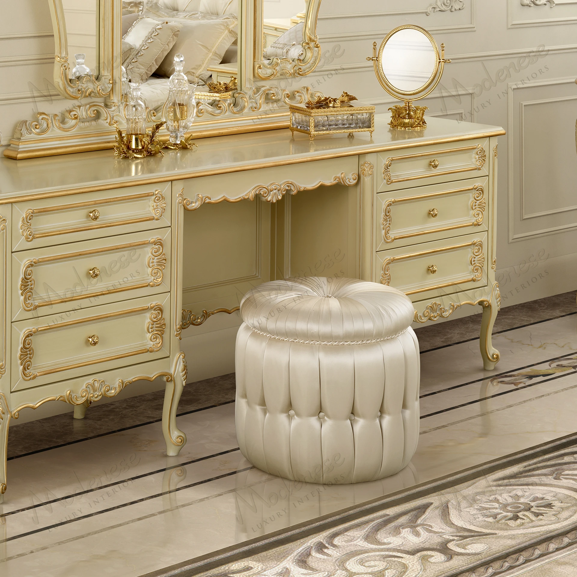 Pearl Luxury Pouf in ivory satin with matching buttons, featuring a cozy texture, ideal for elegant and comfortable seating