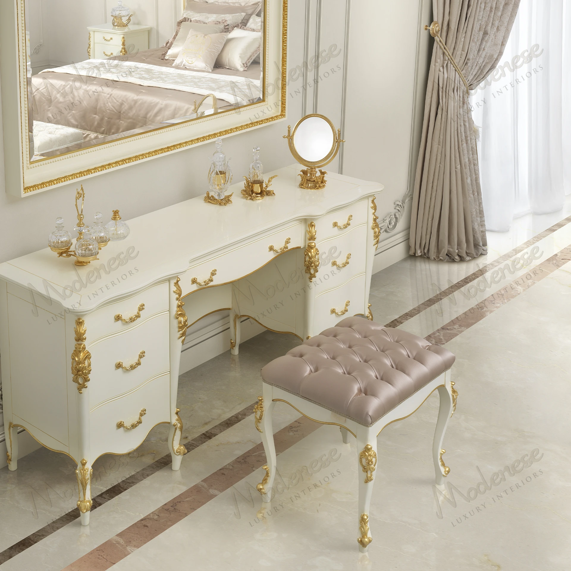 Elegant Delicate Bliss Pouf with white lacquered finish and gold leaf details, showcasing a sophisticated design. Perfect for enhancing luxurious interiors