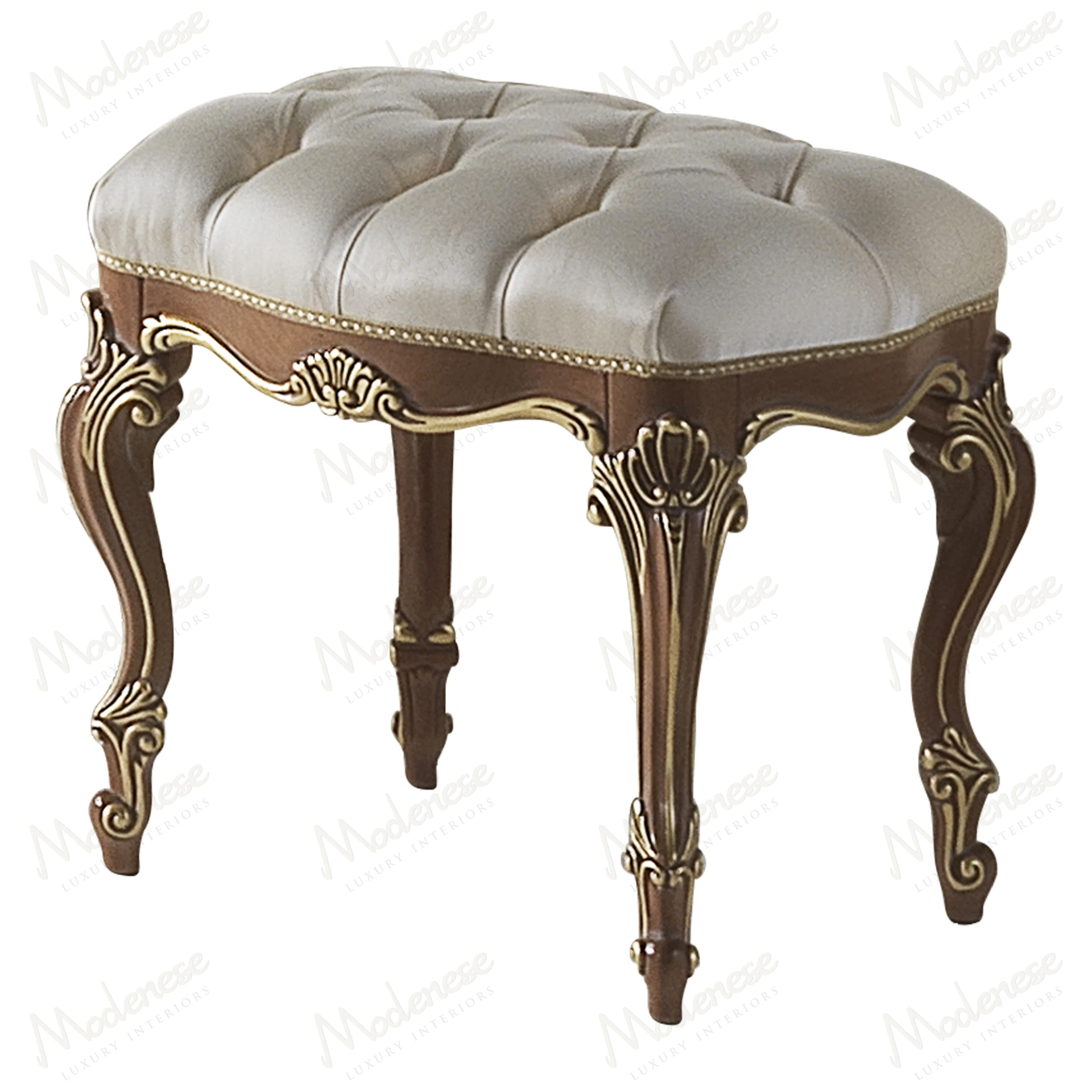 Golden Ribbon Pouf with walnut finish and gold leaf details, showcasing an elegant style. Perfect for luxurious interiors