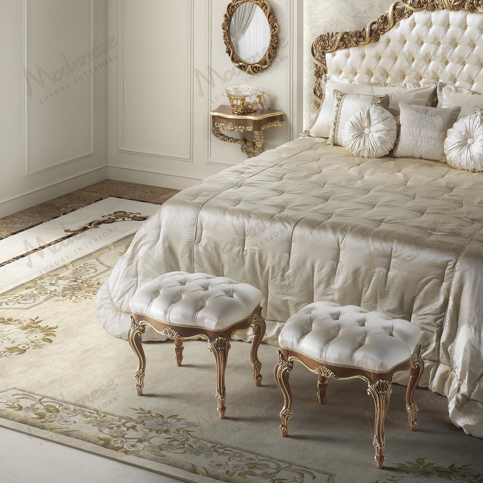 White satin Golden Ribbon Pouf with matching capitonné buttons, featuring a cozy texture and elegant design. Perfect for stylish seating or decor