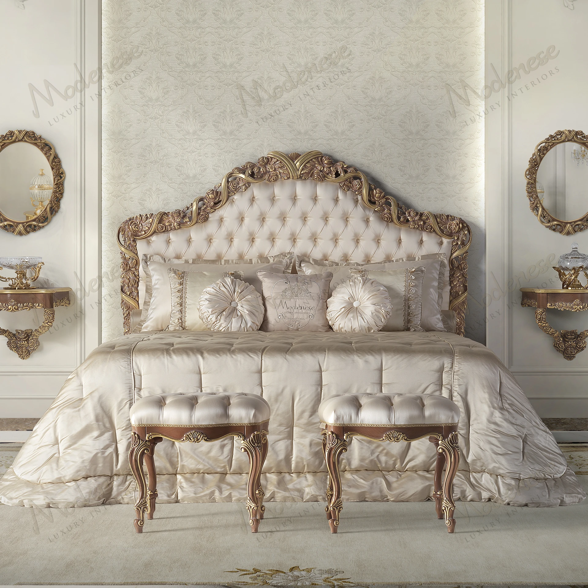 Golden Ribbon Pouf with wood structure, fabric upholstery, classic walnut finish, gold leaf accents, and sleek design. Elegant and stylish seating option