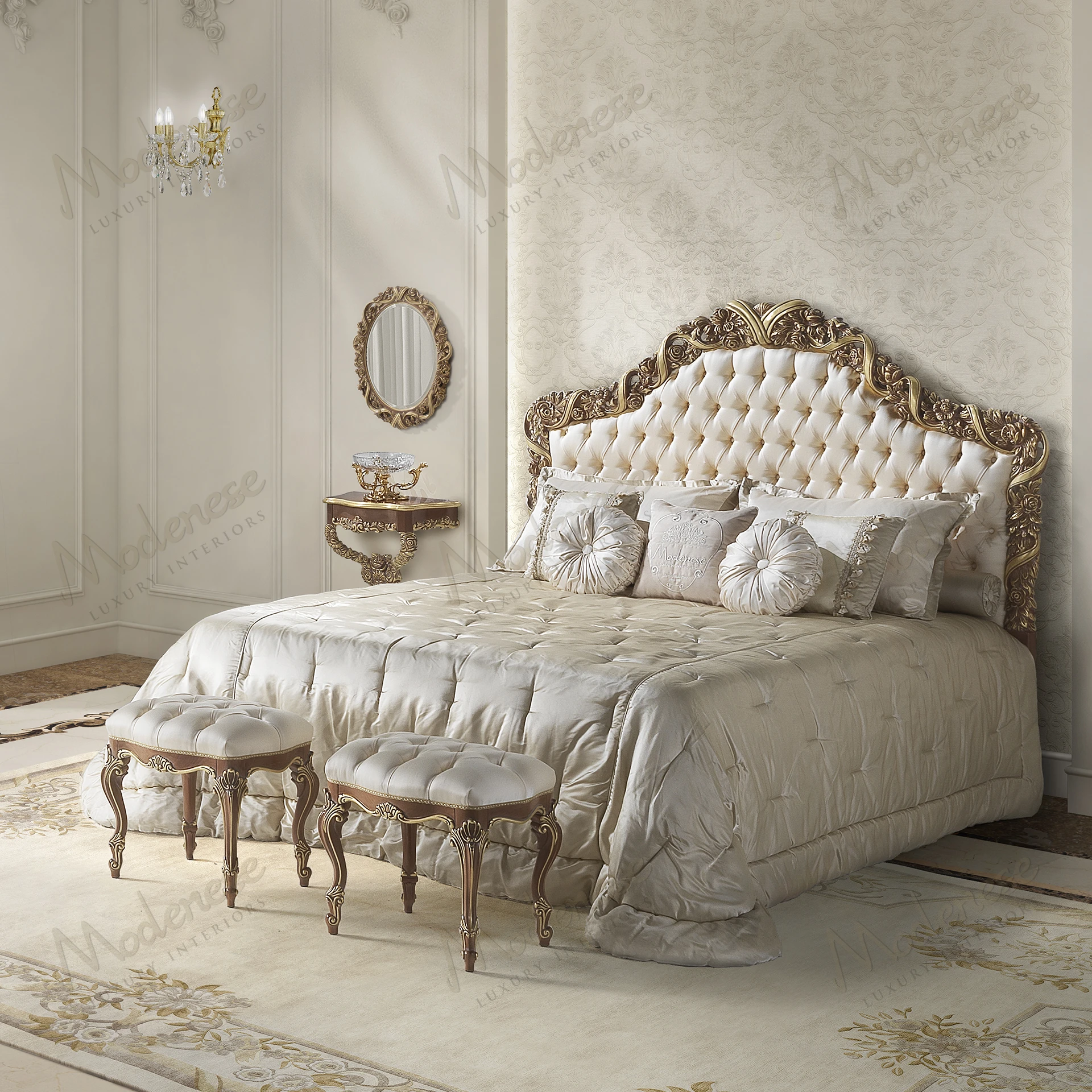 Golden Ribbon Pouf with walnut finish, gold leaf details, white satin upholstery, capitonné buttons. Luxurious design. Harvard accessibility guide compliant