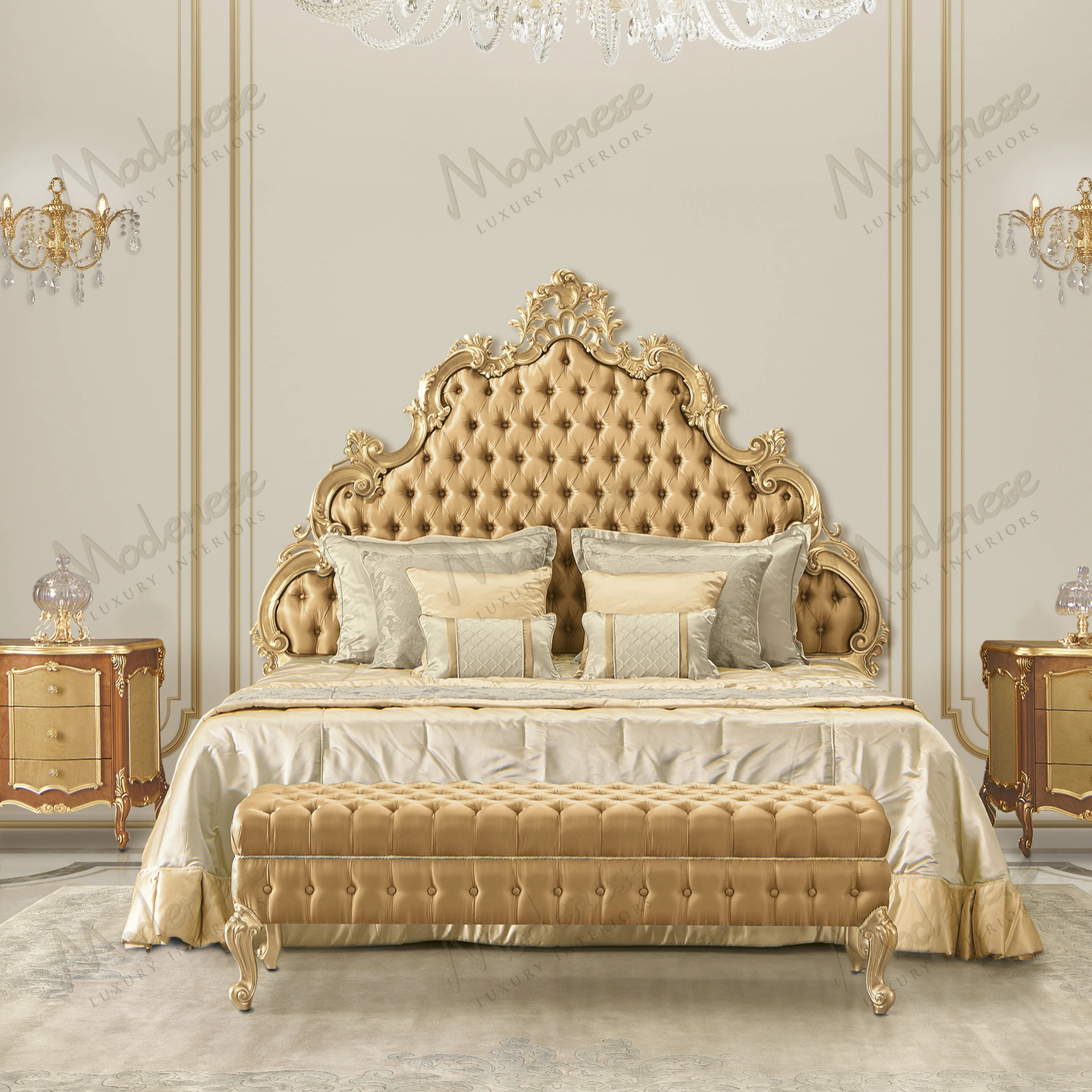 Elegant Royal Blend bed bench with a full gold leaf finish, showcasing intricate details and an opulent, vintage-inspired design