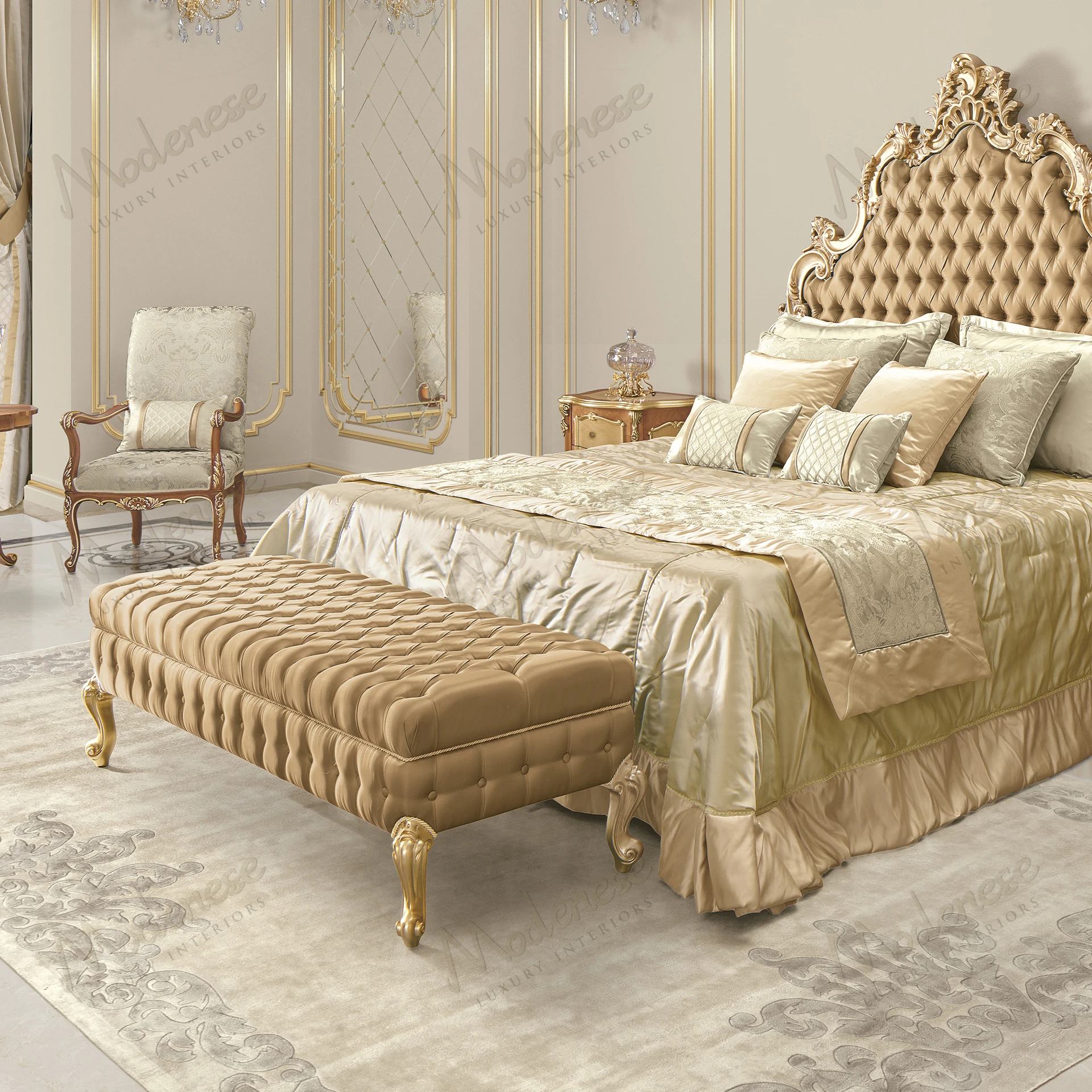 Champagne satin Royal Blend Bed Bench, featuring matching capitonné buttons and a cozy texture, provides elegant seating at the foot of a bed