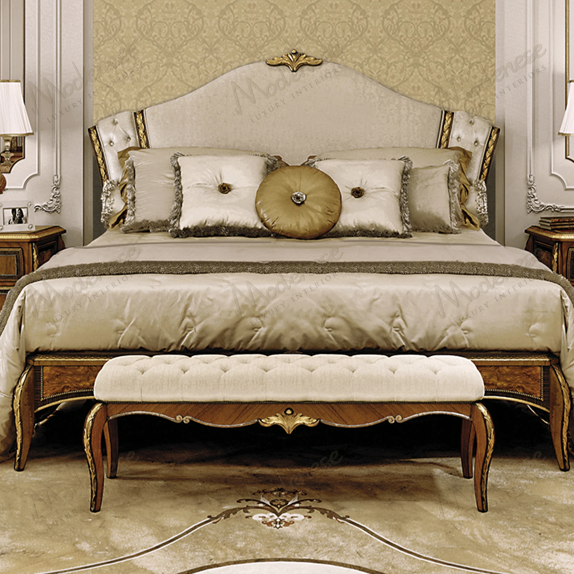 Elegant Heritage Harmony Bed Bench with classic walnut finish, black lacquered accents, and antiqued gold leaf details. Timeless design ideal for sophisticated interiors..