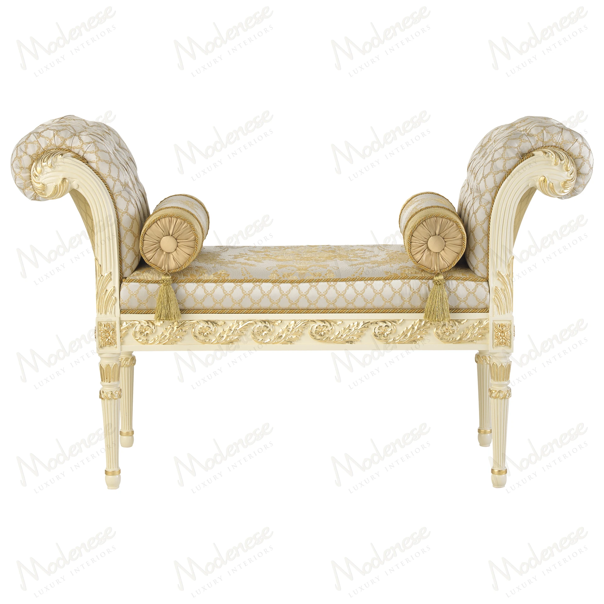 Elegant bed bench in cream and gold damask fabric, featuring capitonné buttons and a cozy texture. Perfect for luxurious bedroom décor