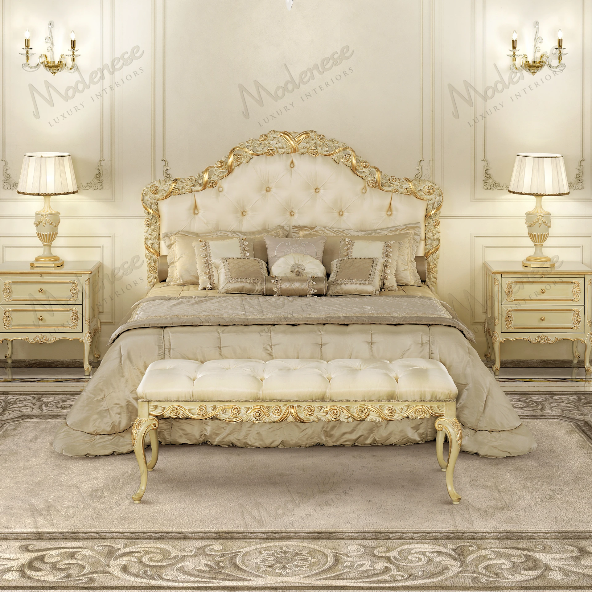 Pearl Luxury Bed Bench with ivory lacquered finish and gold leaf details, showcasing an elegant style