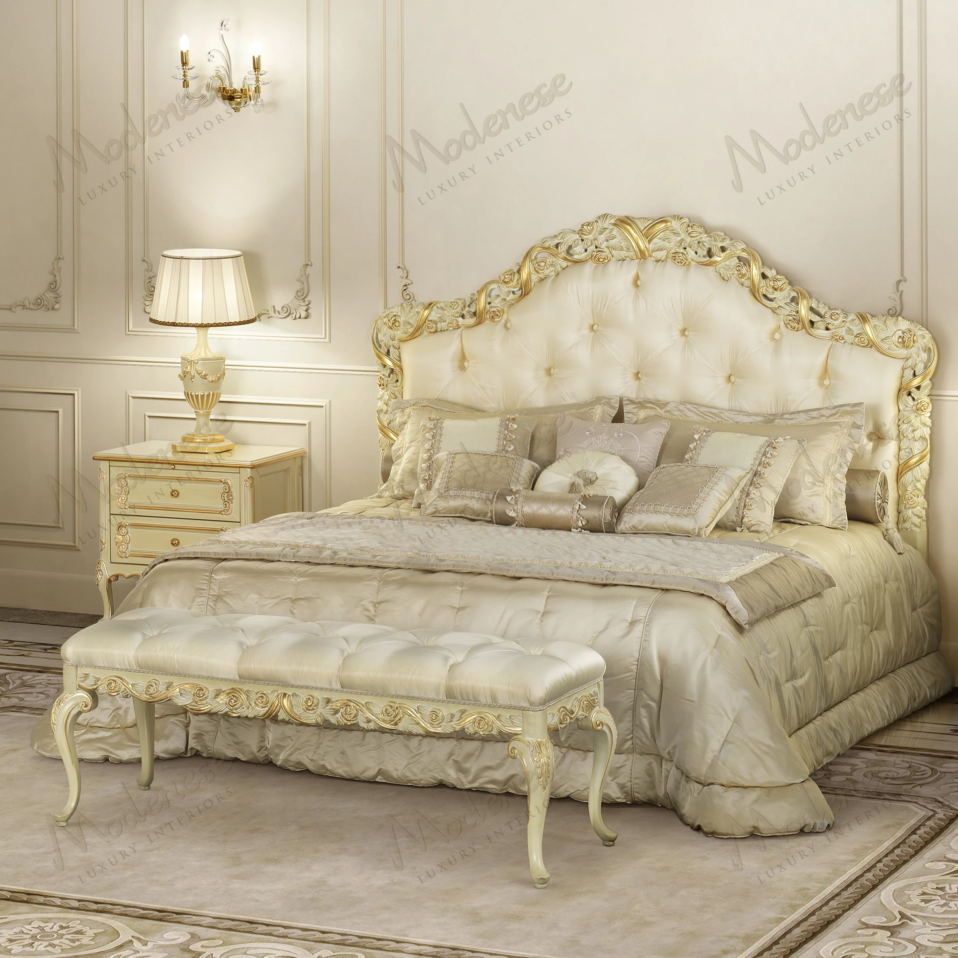 Ivory satin upholstered bed bench with capitonné buttons, offering a luxurious and cozy texture. Perfect for elegant bedroom settings