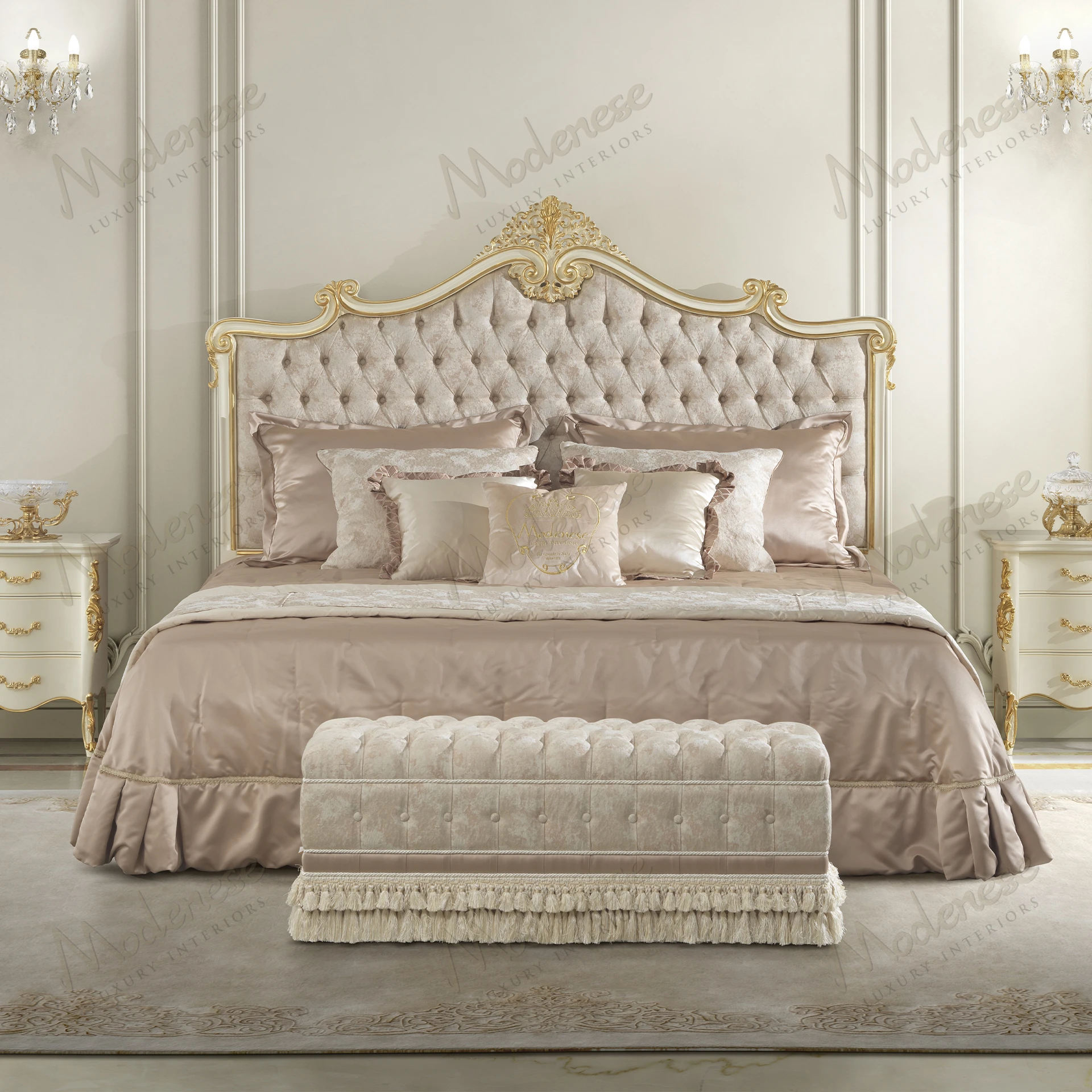 Pink velvet bed bench with matching buttons, white fringes, and a cozy texture, offering a delicate and elegant design
