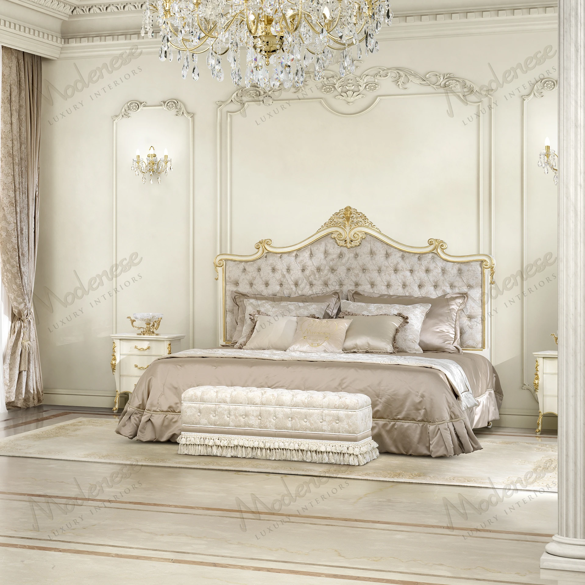 Light pink velvet bed bench with matching buttons and white fringes, offering a luxurious feel. Standard finish provides delicate and elegant appearance