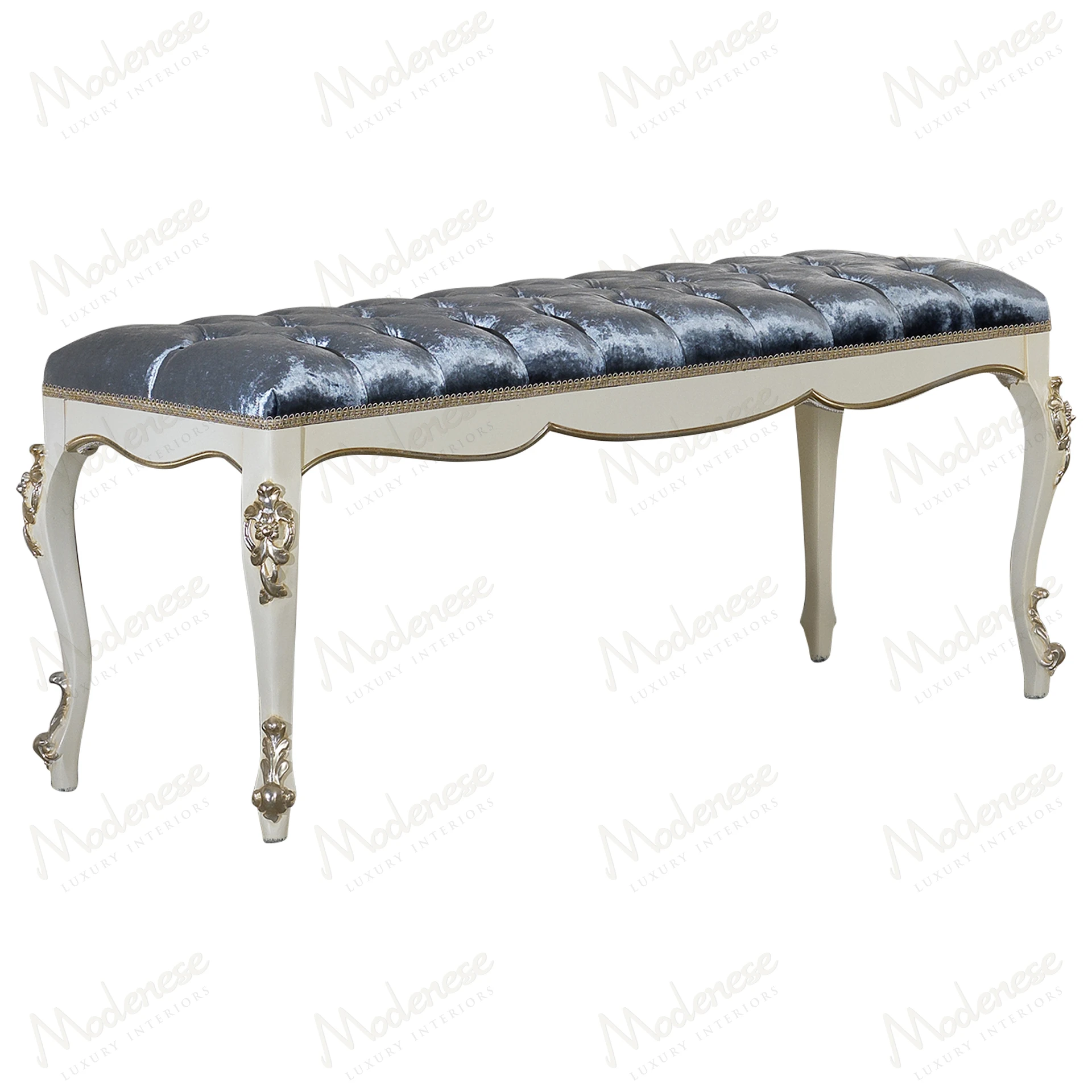 Elegant Horizon Bed Bench with white lacquered finish and platinum leaf details, showcasing a sophisticated design