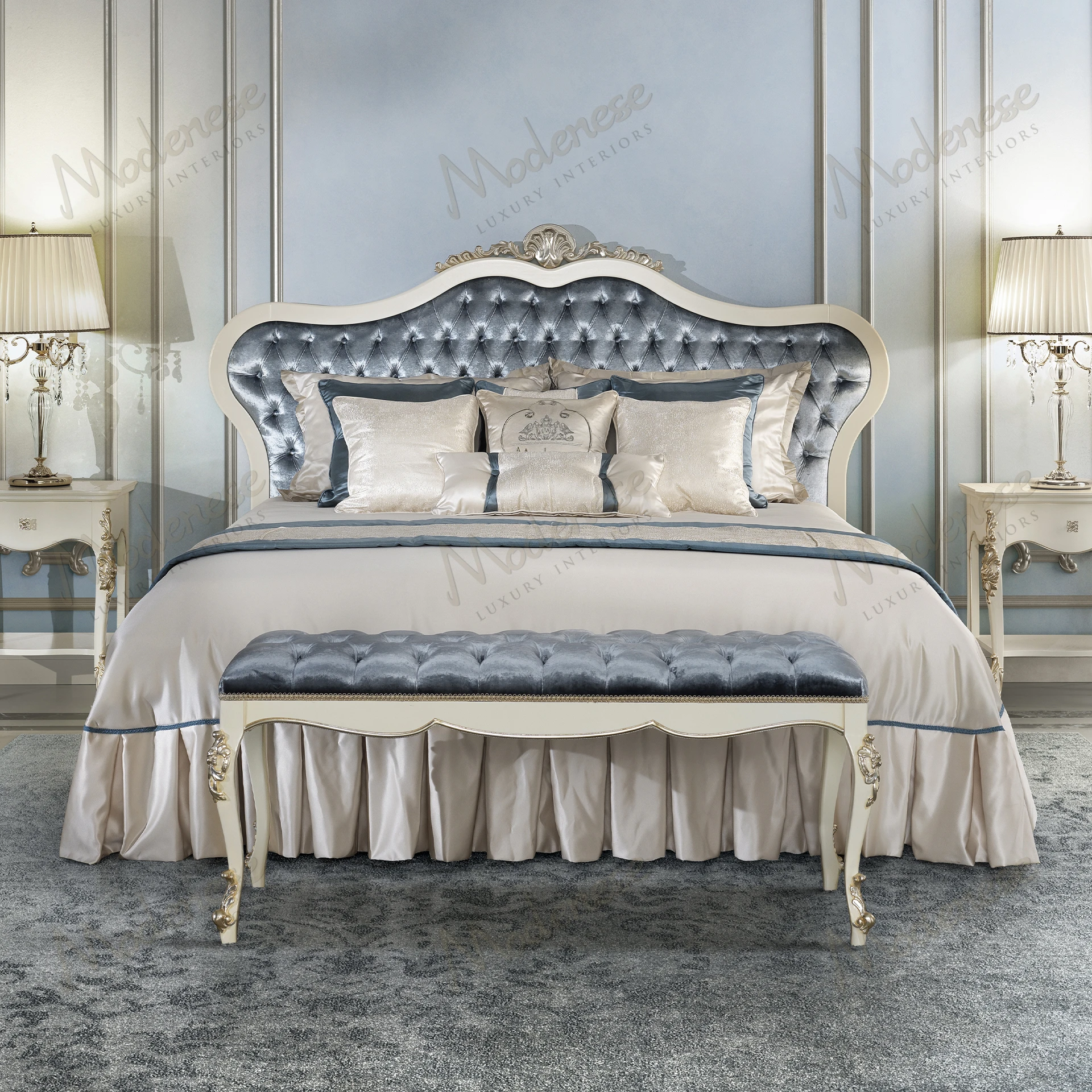 Blue velvet Horizon Bed Bench with matching capitonné buttons, offering a cozy texture and elegant design. Perfect for adding a touch of luxury