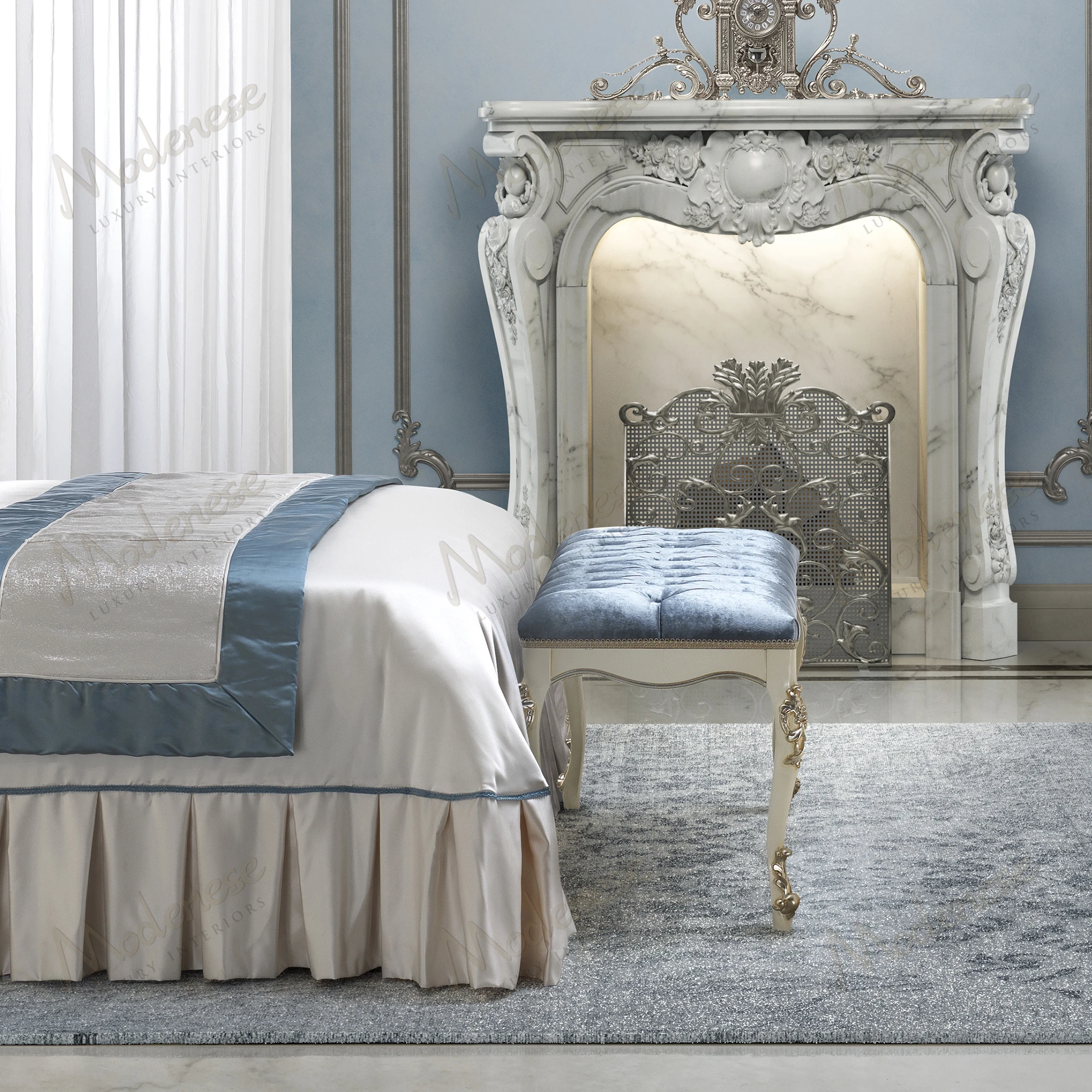 A luxurious Horizon Bed Bench with white lacquer, platinum leaf details, and blue velvet with matching capitonné buttons