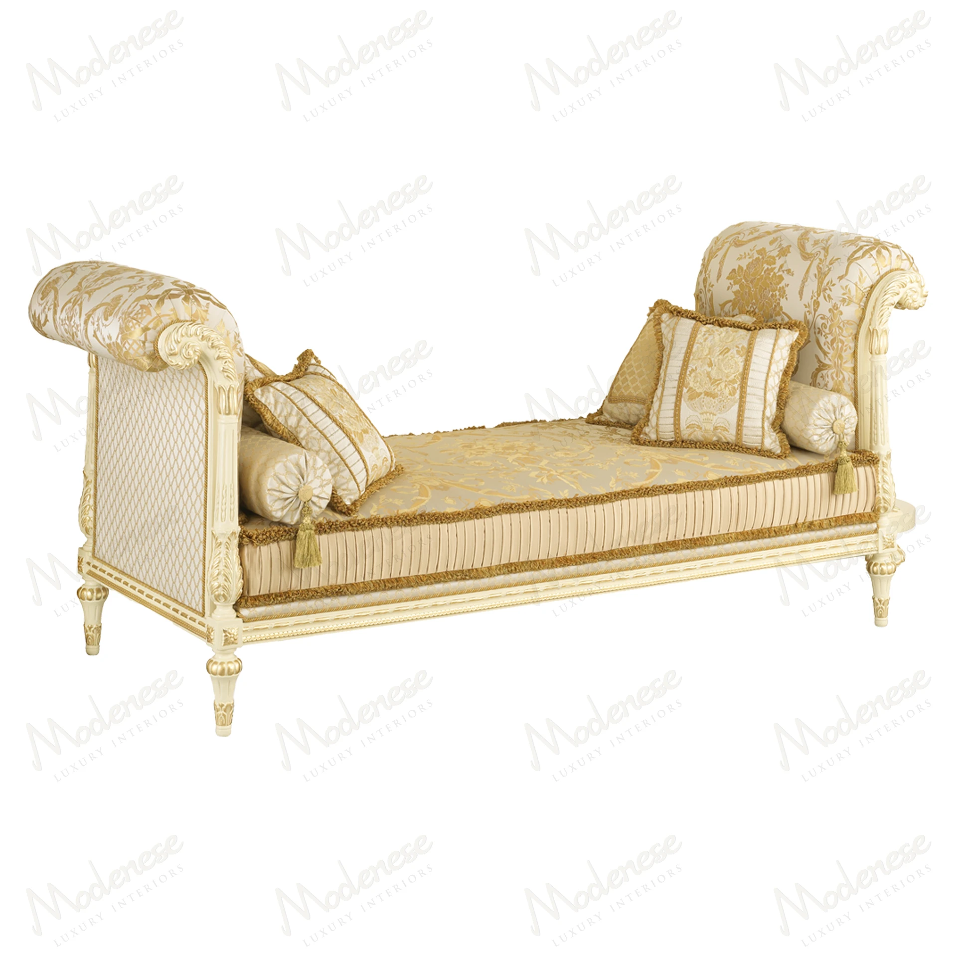 Elegant Golden Radiance Dormeuse with an ivory lacquered finish and gold leaf details, showcasing a luxurious and sophisticated design