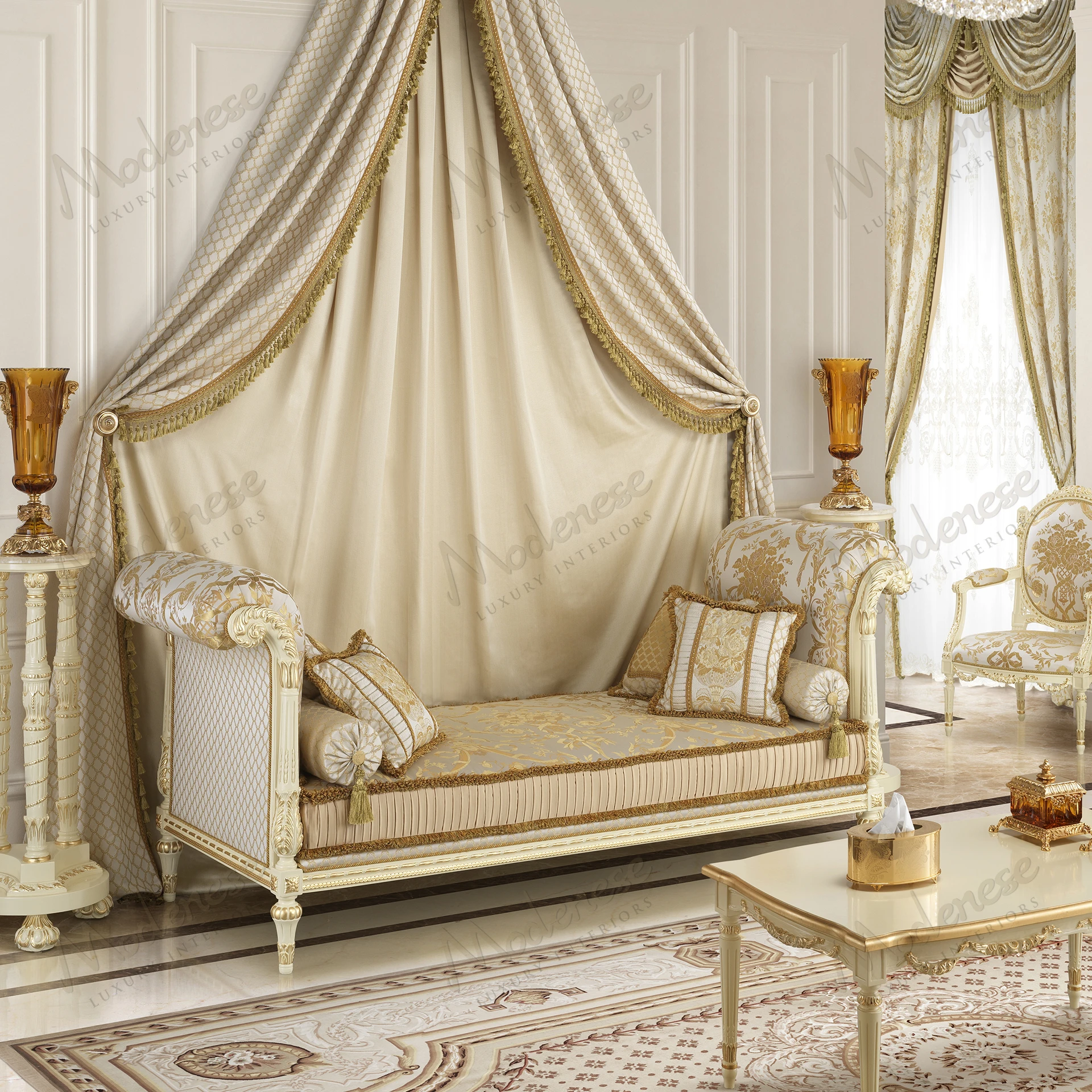 Elegant Dormeuse in cream and gold damask fabric, showcasing cozy texture and luxurious design. Ideal for an opulent, comfortable setting