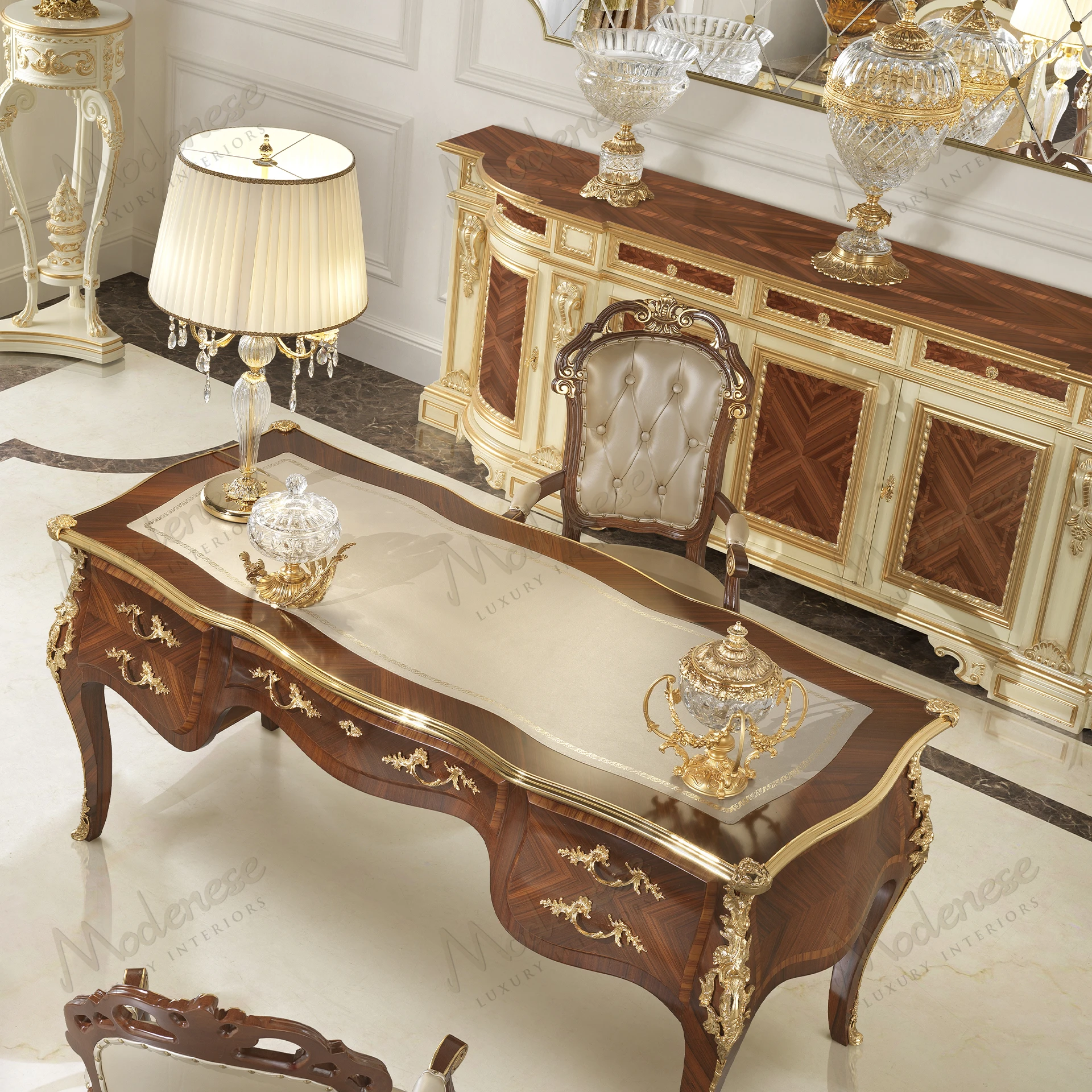 Elegant Royal Symphony Swivel Armchair with classic walnut finish, gold leaf details, luxurious design. Ideal for sophisticated settings..