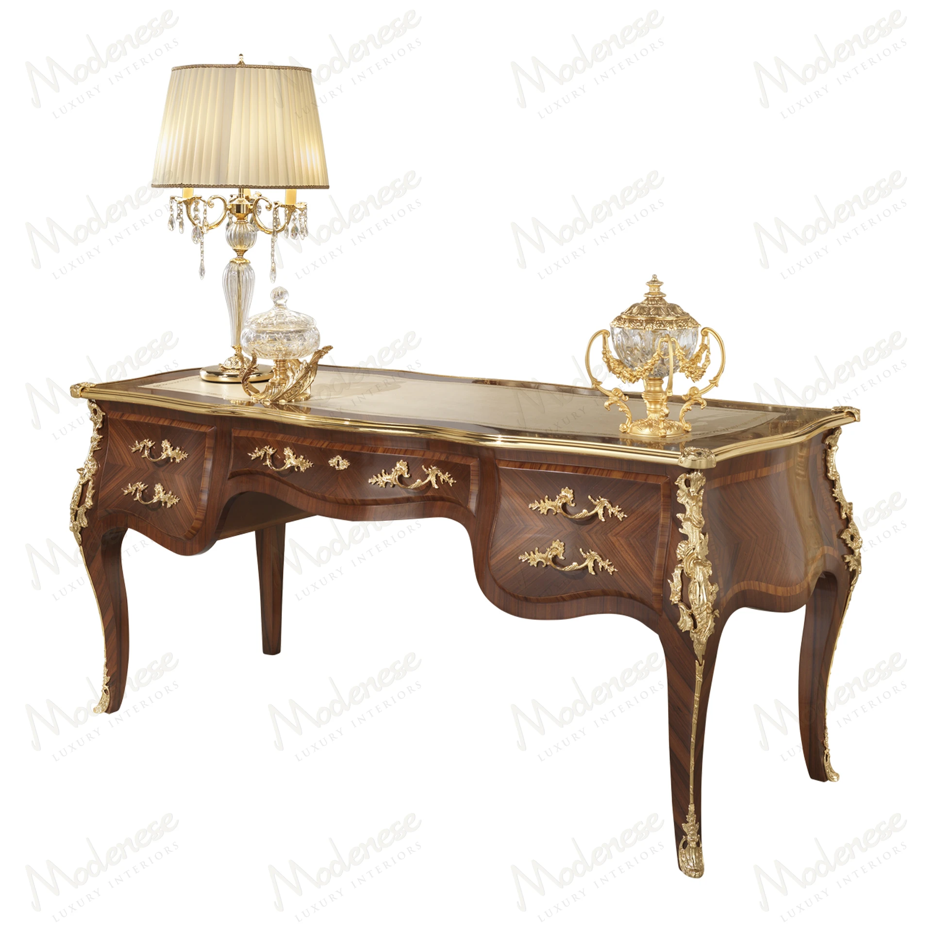 Elegant Royal Symphony Writing Desk in classic walnut finish, featuring gold leaf details. Stylish and functional design for sophisticated interiors..