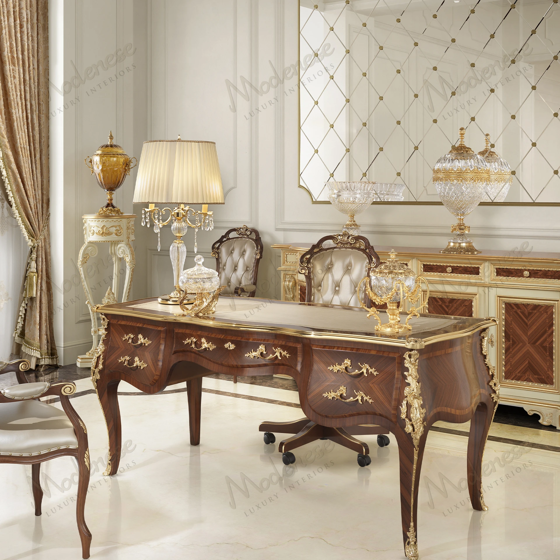 Elegant Royal Symphony Writing Desk with Ivory leather upholstery, showcasing a cozy texture. Ideal for a sophisticated workspace..