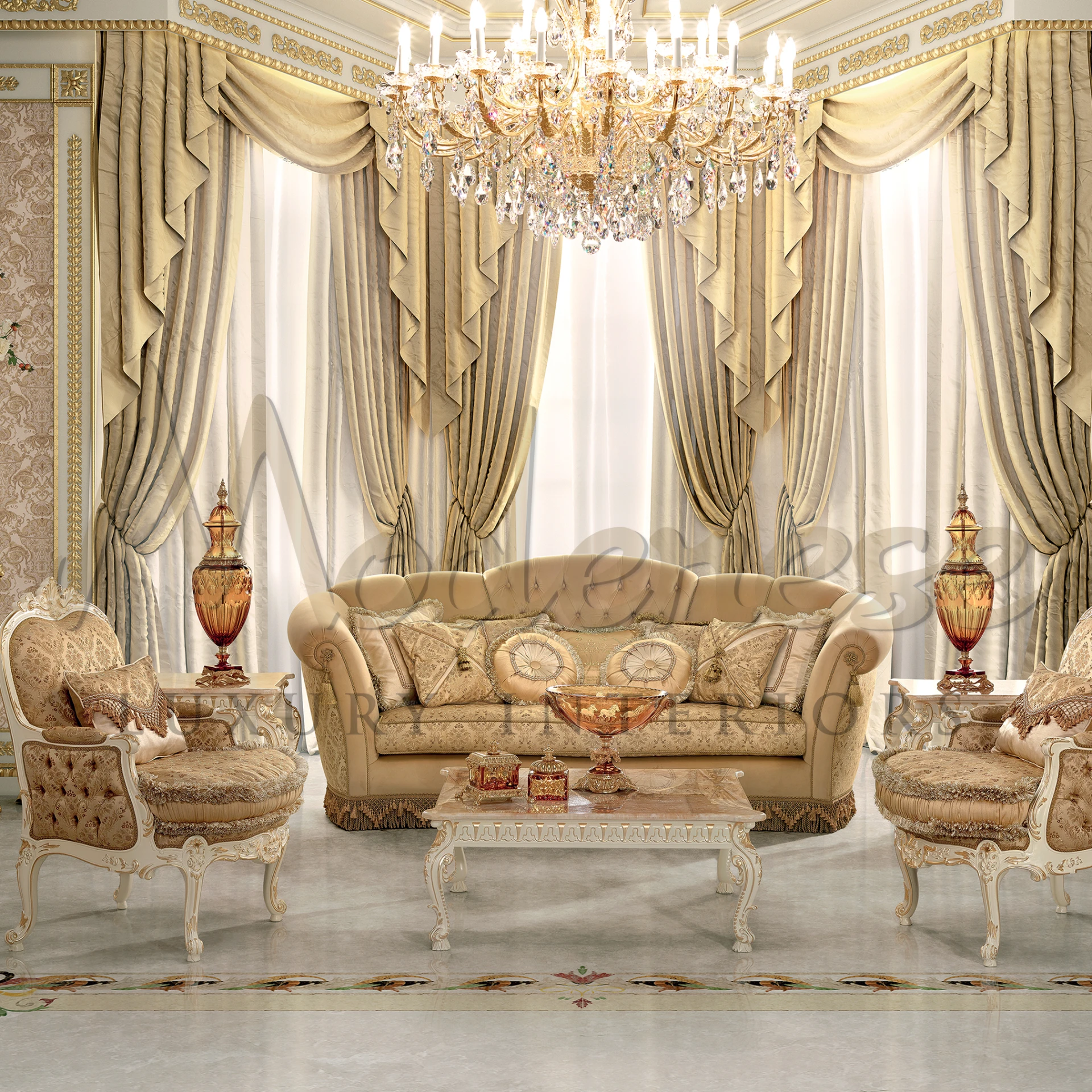 Sophisticated White Coffee Table with marble top and figured legs, ideal for adding luxury decoration to any living room.