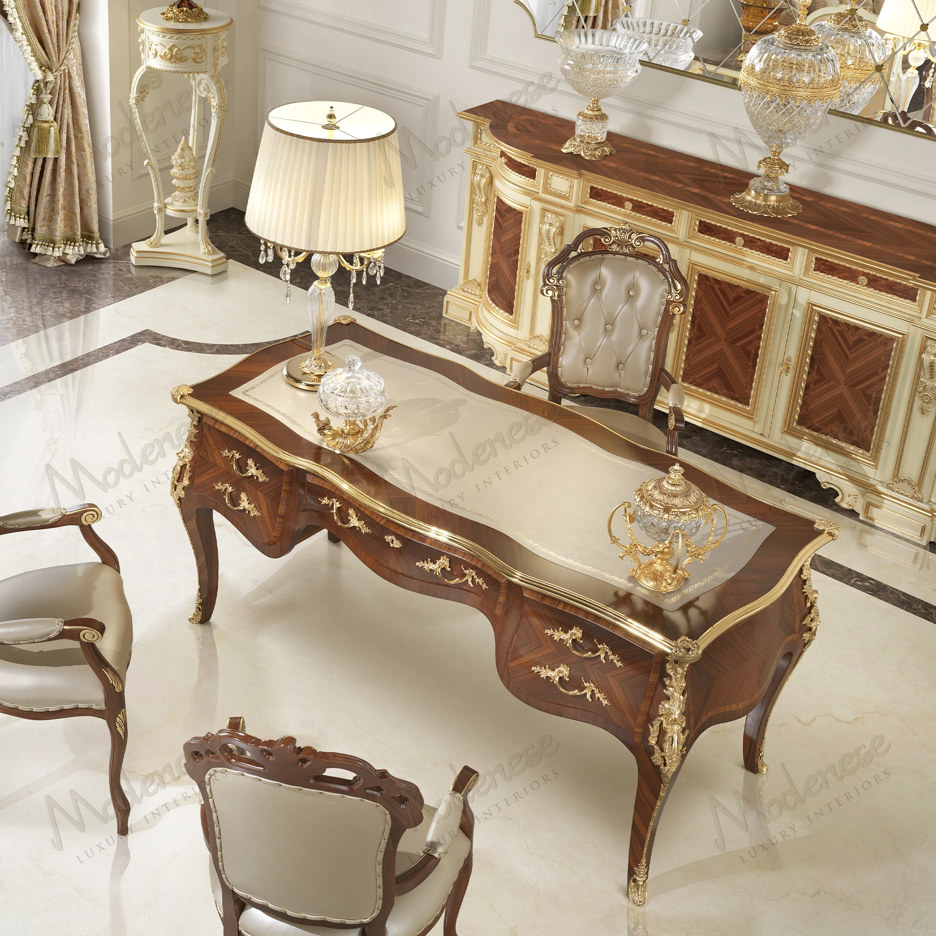 Elegant Royal Symphony Writing Desk with walnut finish, leather top, and gold leaf accents, exuding a classic and sleek aesthetic..