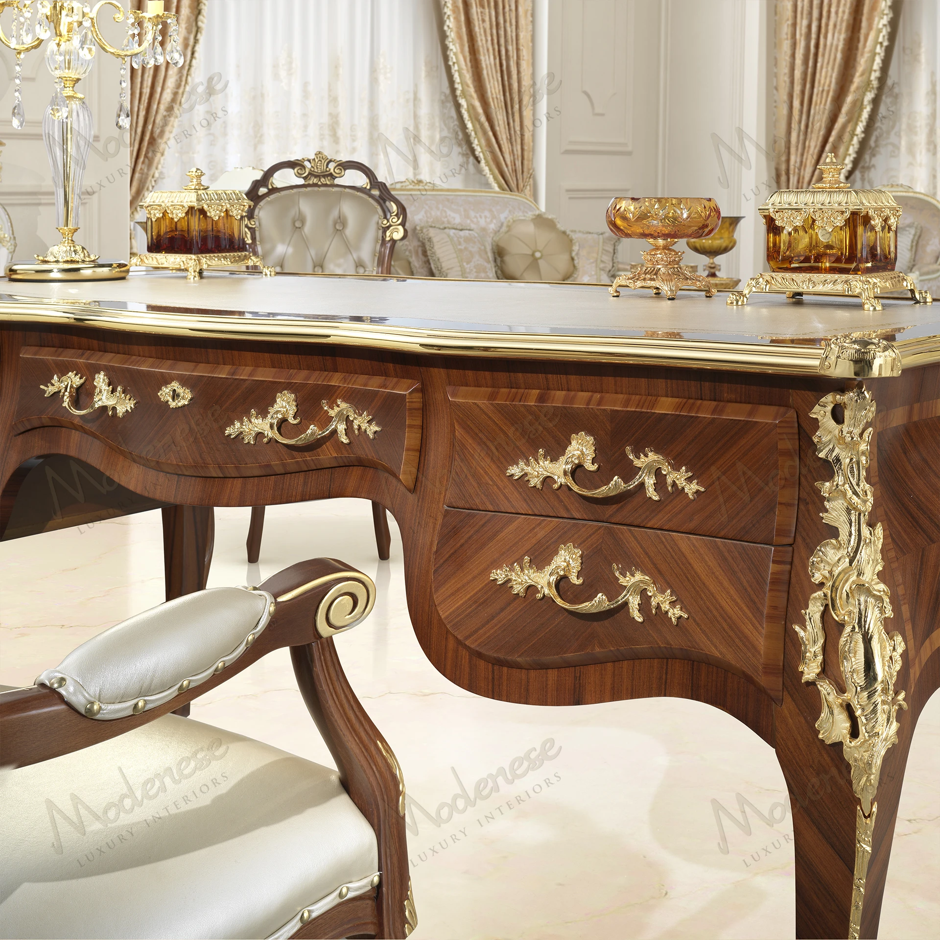 Elegant Royal Symphony Writing Desk with classic walnut finish, gold leaf accents, and ivory leather, exuding luxury and sophistication..