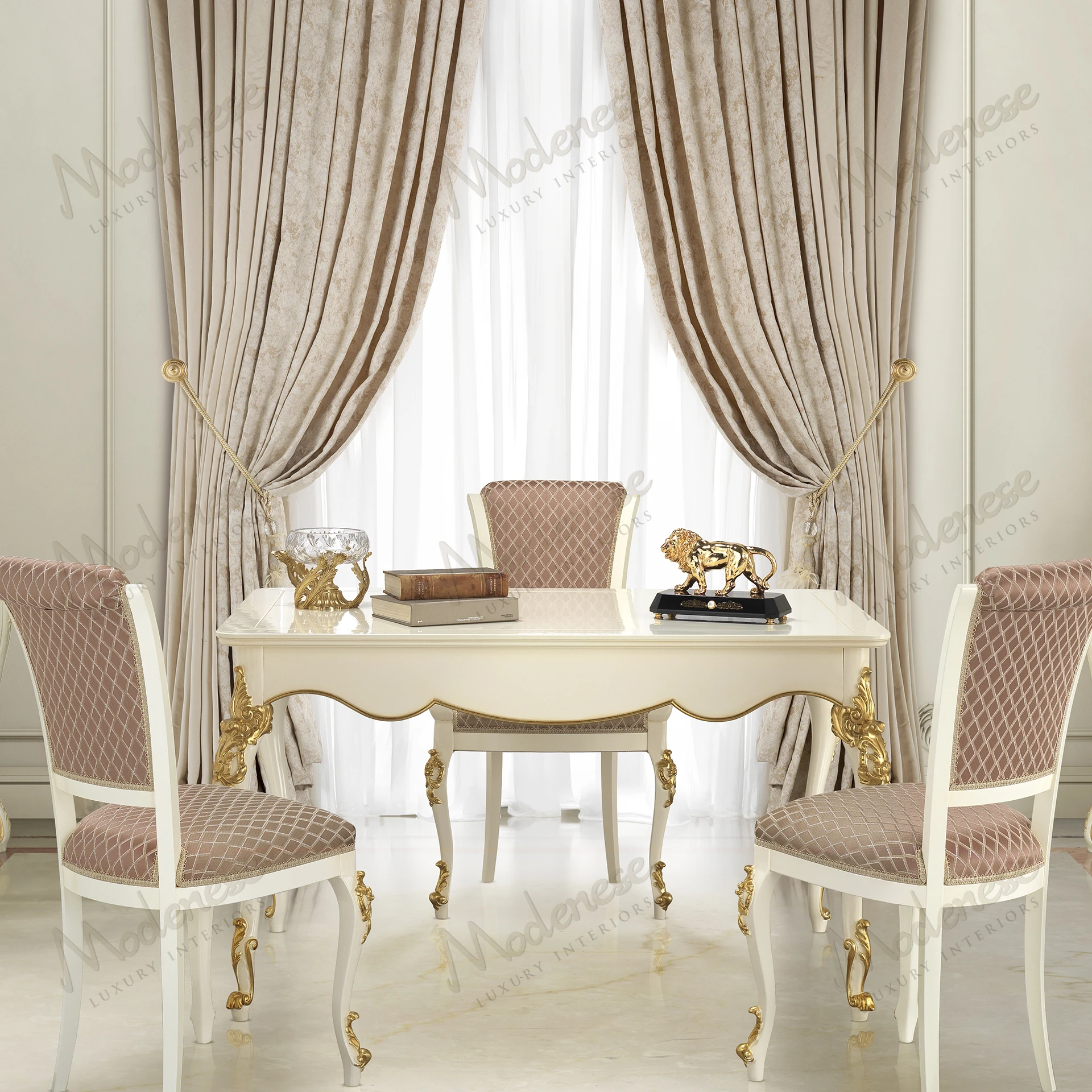 Delicate Bliss Writing Desk, wood structure, smooth surface, cozy texture, white lacquered finish, gold leaf details.