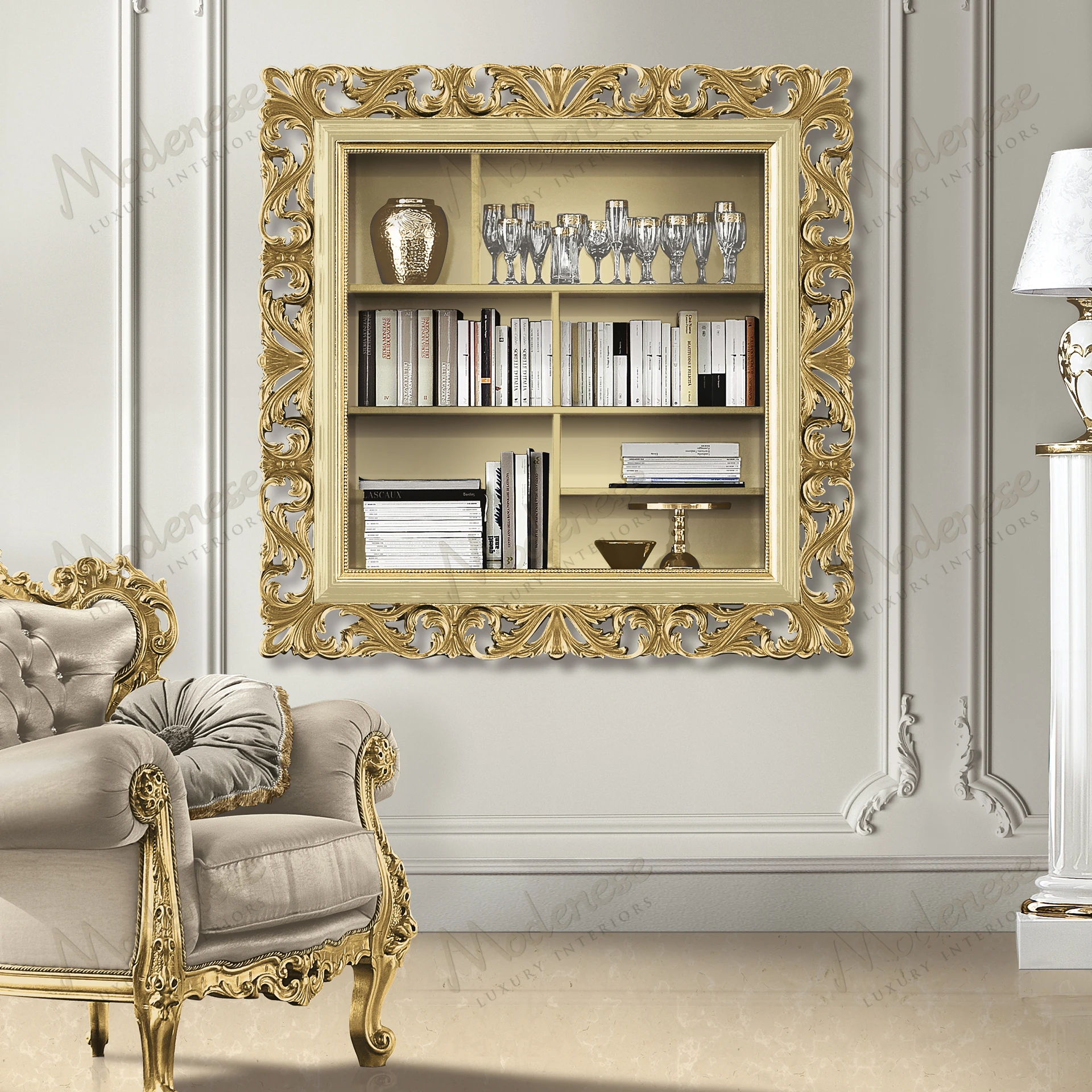 Luxury floating bookcase in warm golden tones, perfect for classic interiors