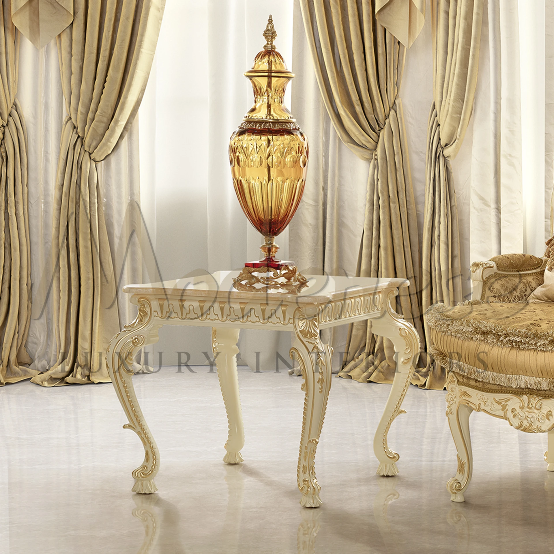 Modern White Square Coffee Table with glossy finish, designed for luxury villa decoration and high-end interior settings.