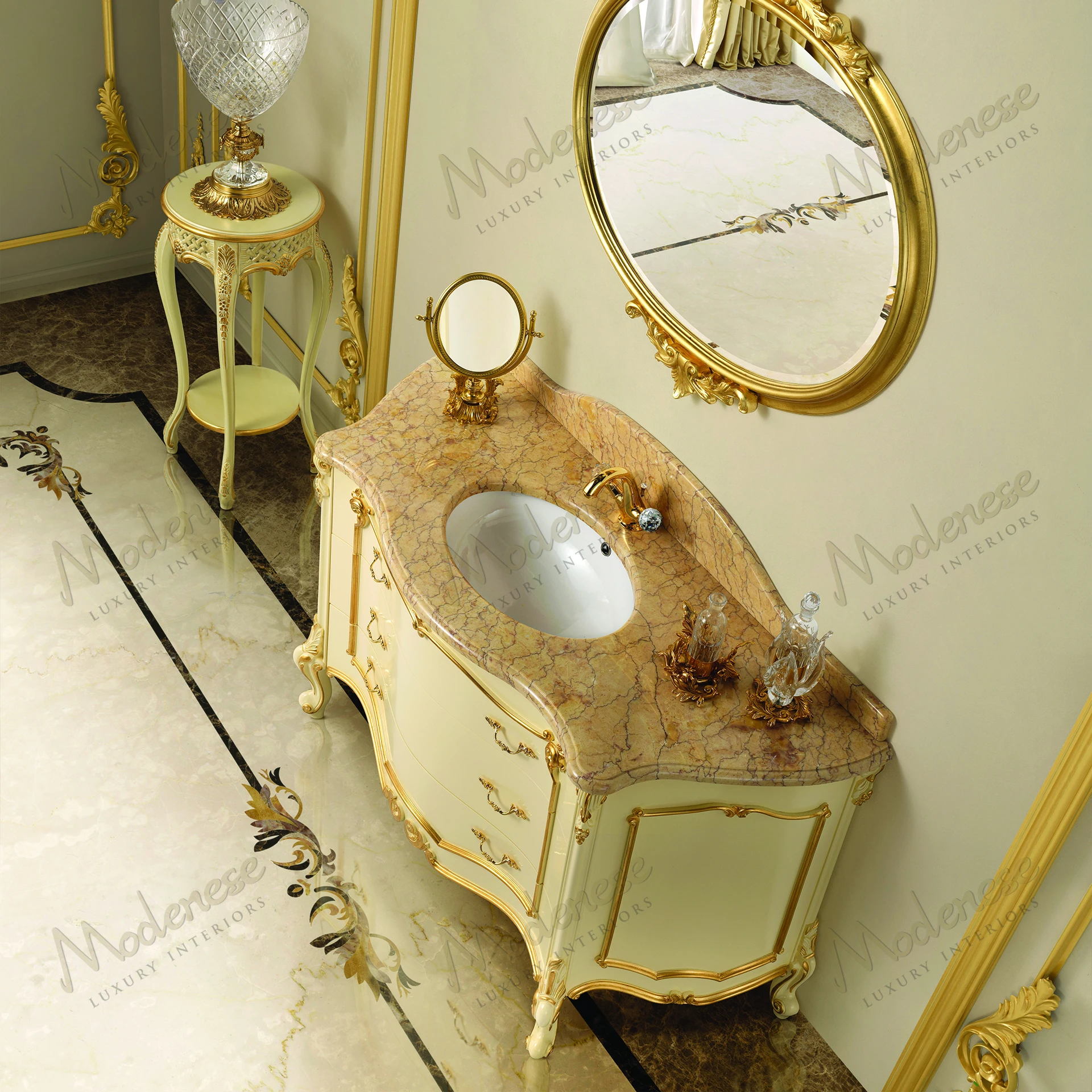 Elegant bathroom cabinet with wood structure, marble top, ivory lacquered finish, and gold leaf accents Sleek design enhances any space