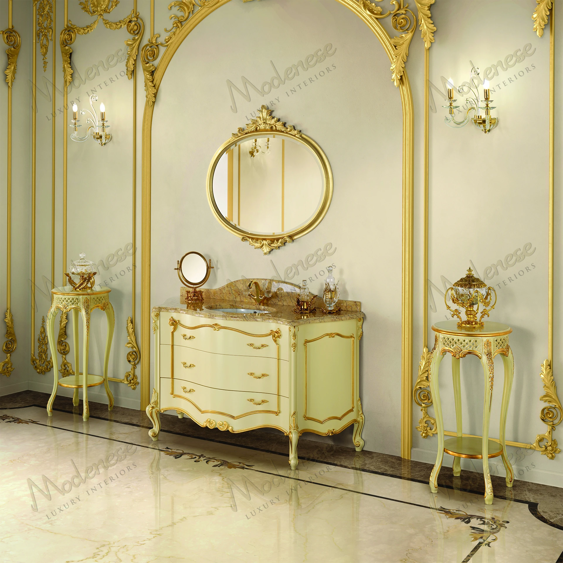 A wooden bathroom cabinet with a cozy texture and ethereal glow, featuring open shelves and a minimalist design, offering easy access and storage