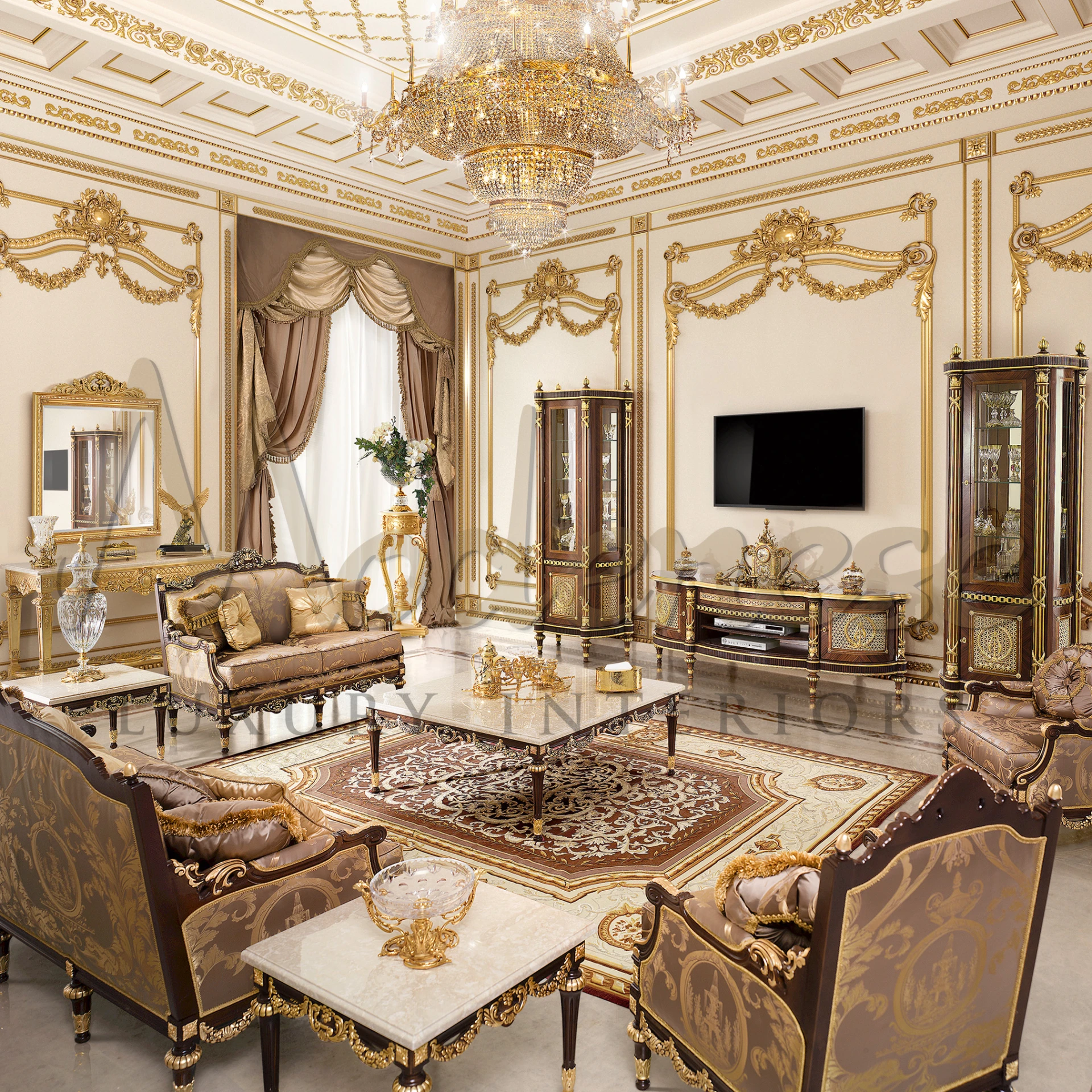 Italian-designed Total Gold Console, adorned with gold leaf lacquer, a masterpiece of classic console design.