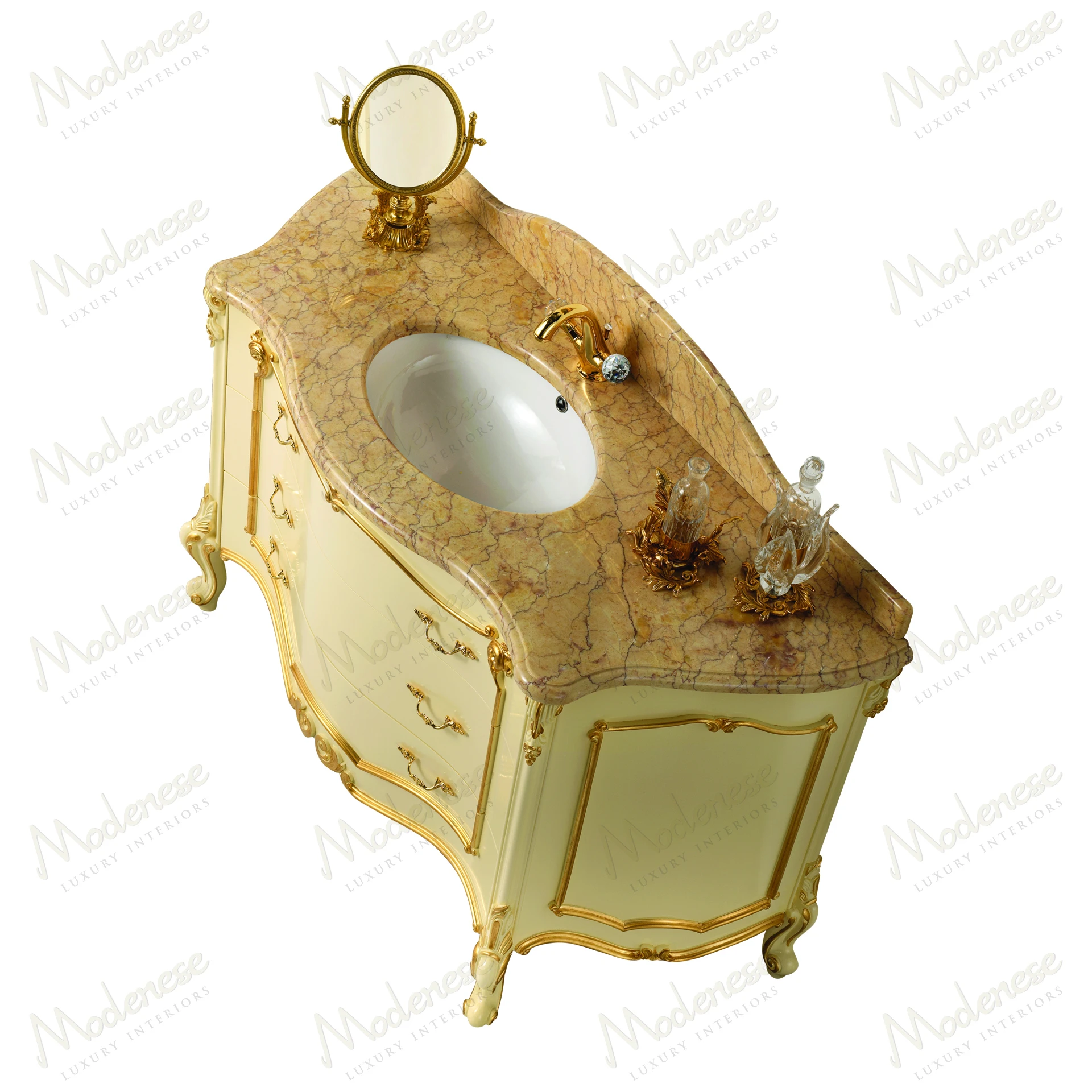 Elegant Ethereal Glow Vanity Bathroom Cabinet in ivory lacquered finish with gold leaf details, offering a sophisticated and accessible design