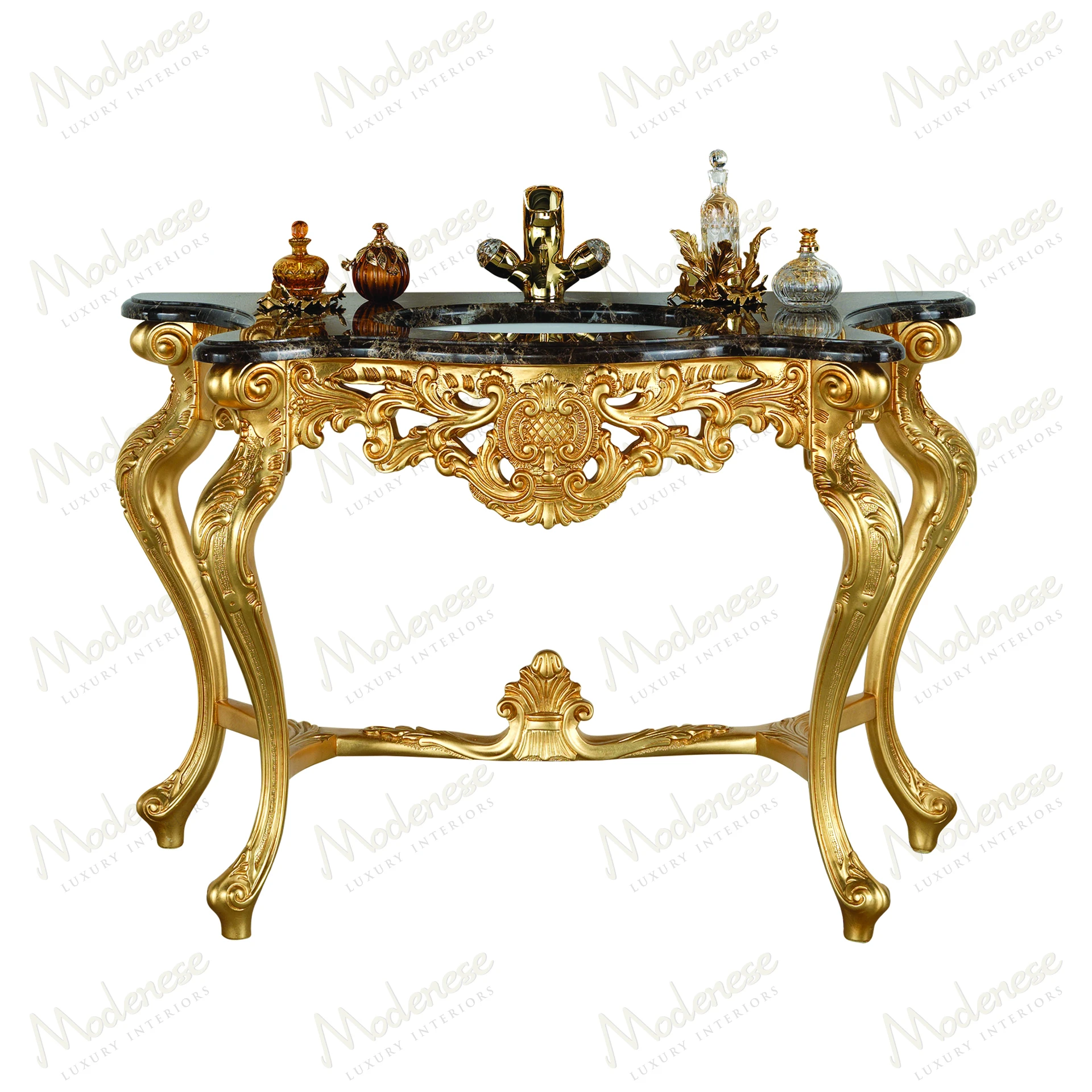 Alt text: "Luxurious bathroom console with full gold leaf finish, showcasing elegant design and sophisticated style.".