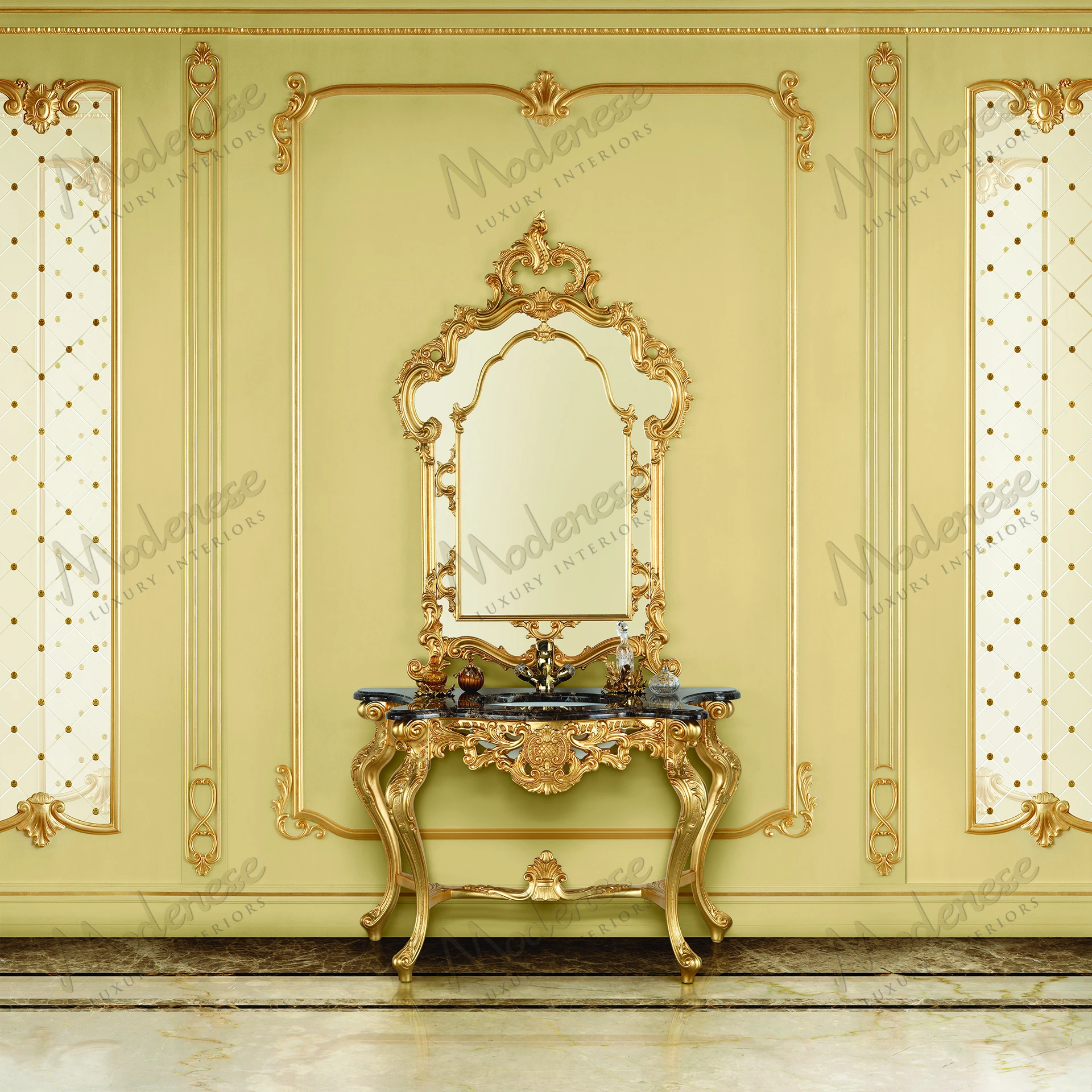 A luxurious bathroom console with a wood structure, marble top, and gold leaf finish, offering a sleek and elegant design..