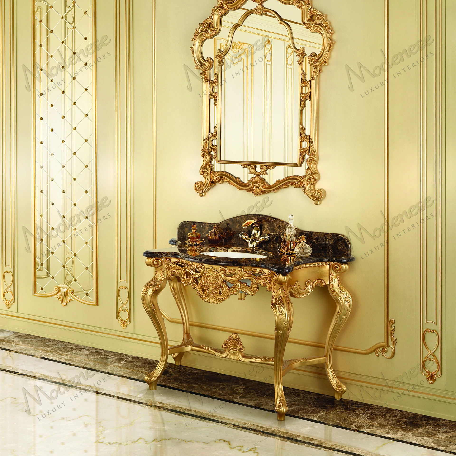 Gold leaf luxury bathroom console with a shiny finish, exuding elegance and sophistication. No fabric included. Designed for a luxurious, accessible bathroom experience..