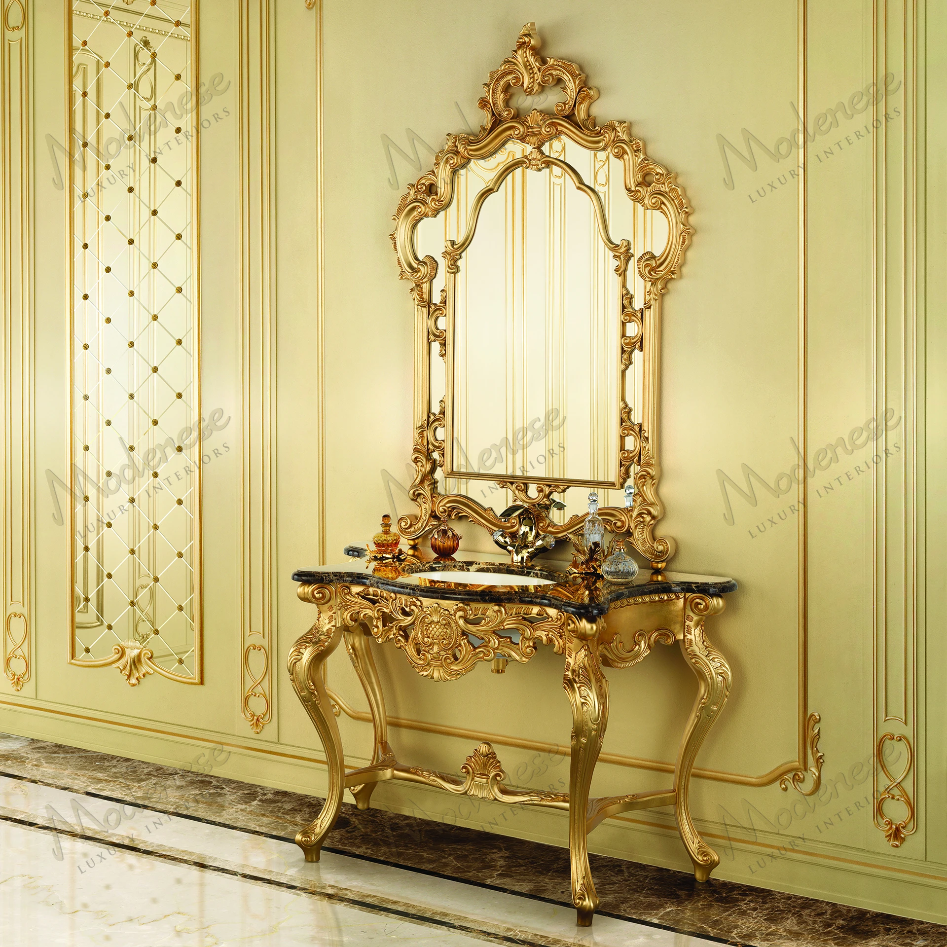 Contemporary Luxury Glow Bathroom Console with wooden structure and marble top, no fabric. Modern design with sleek lines and elegant finish..