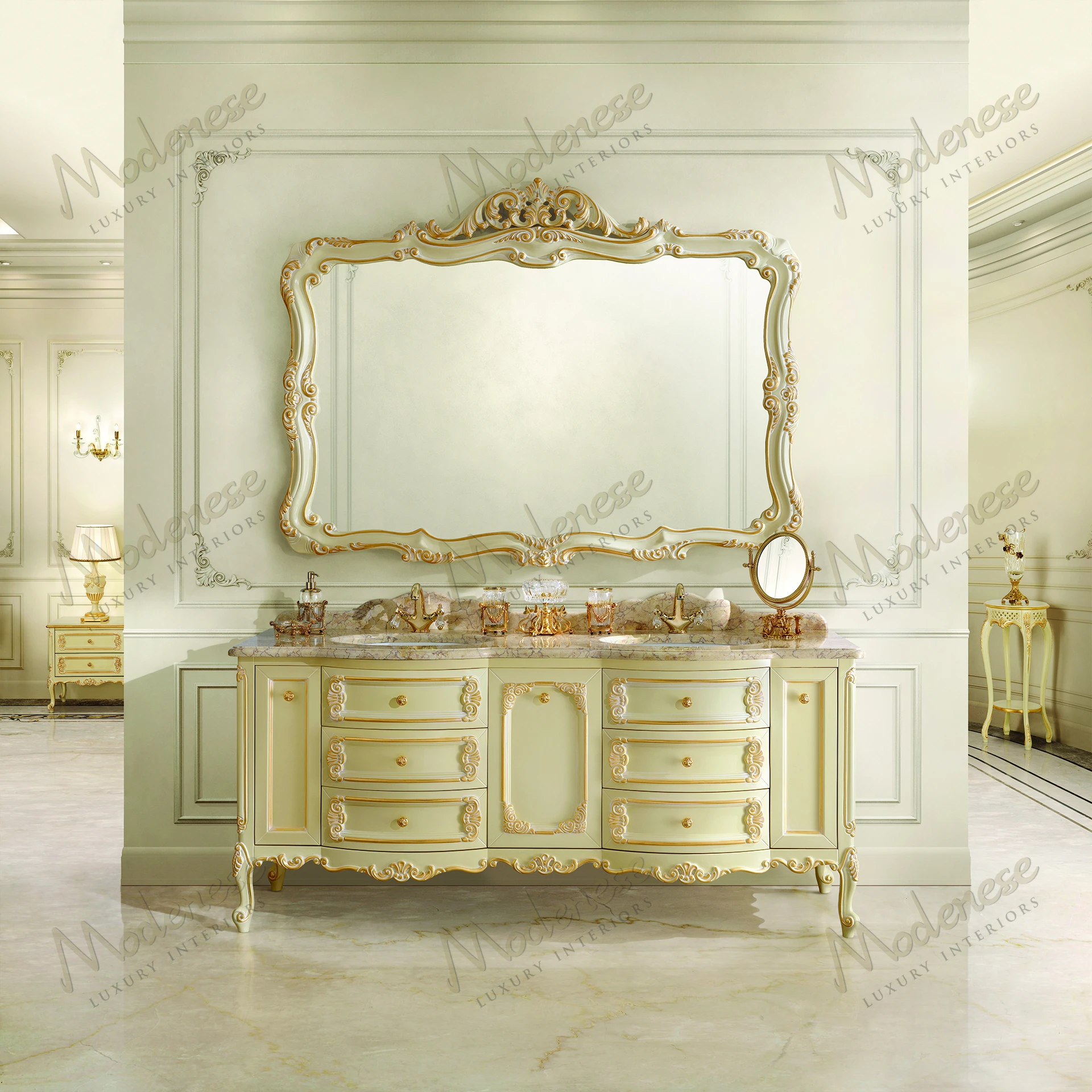 Elegant Pearl luxury bathroom cabinet in ivory lacquered finish with gold leaf details, showcasing sophisticated design and style