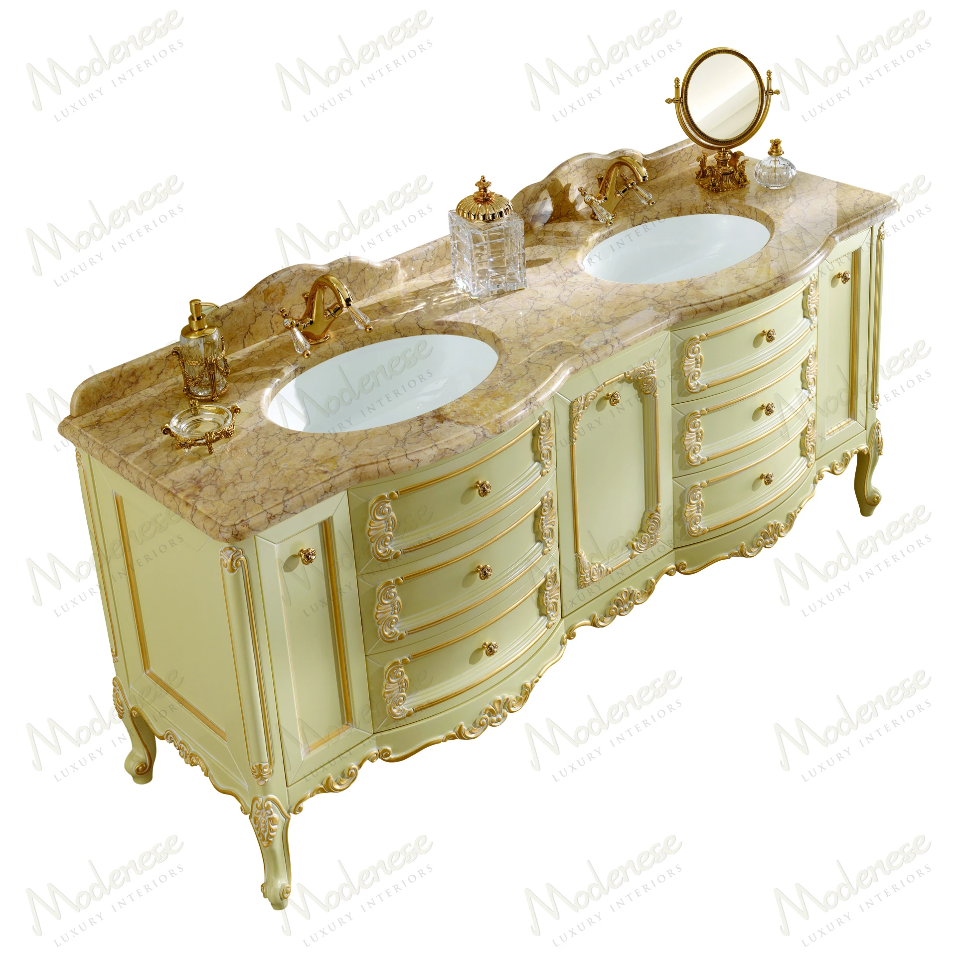 Elegant Pearl Luxury Bathroom Cabinet with wood structure, ivory lacquered finish, marble top, and gold leaf accents Sleek, sophisticated design