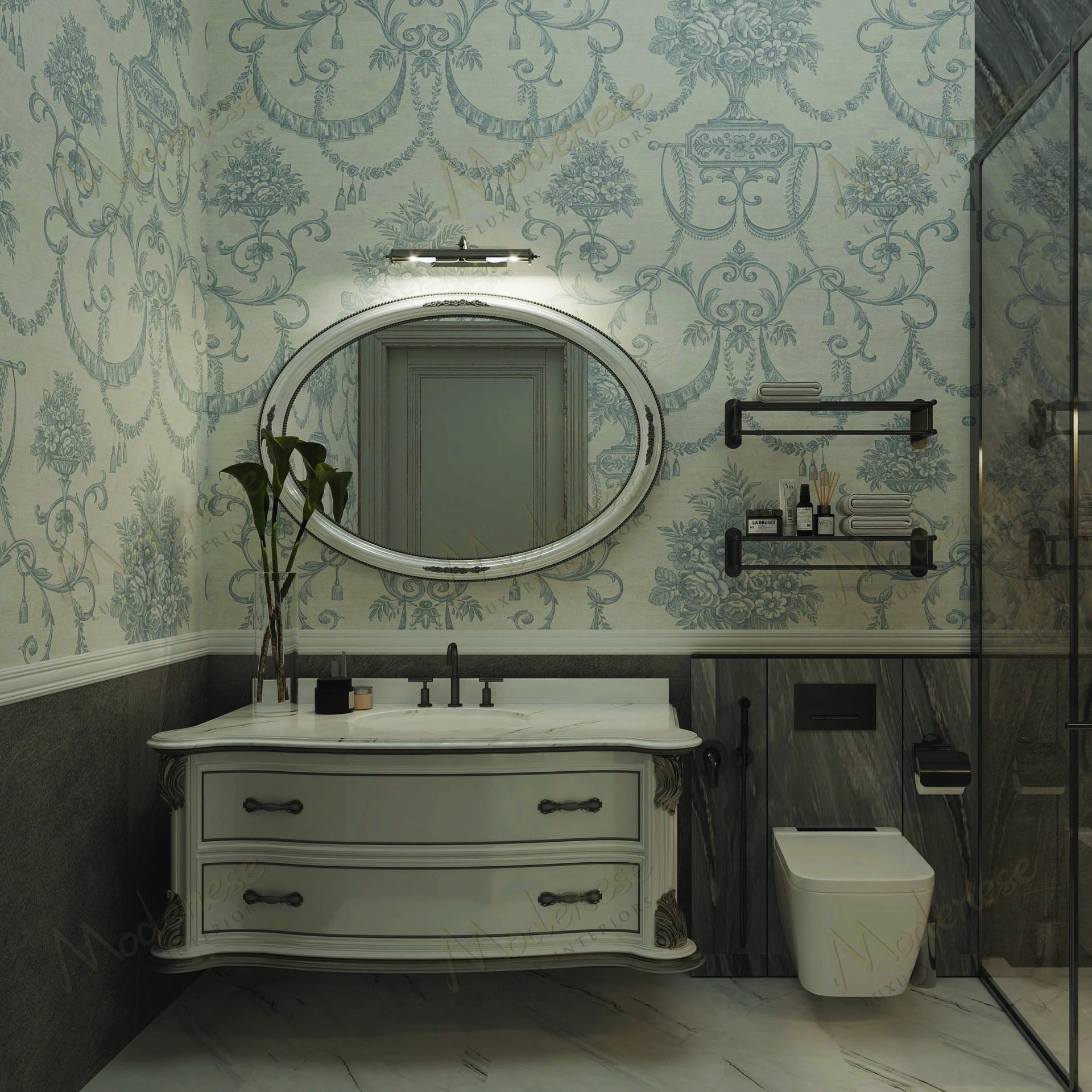 Elegant product with an ivory lacquered finish and gold leaf details, showcasing a luxurious design..