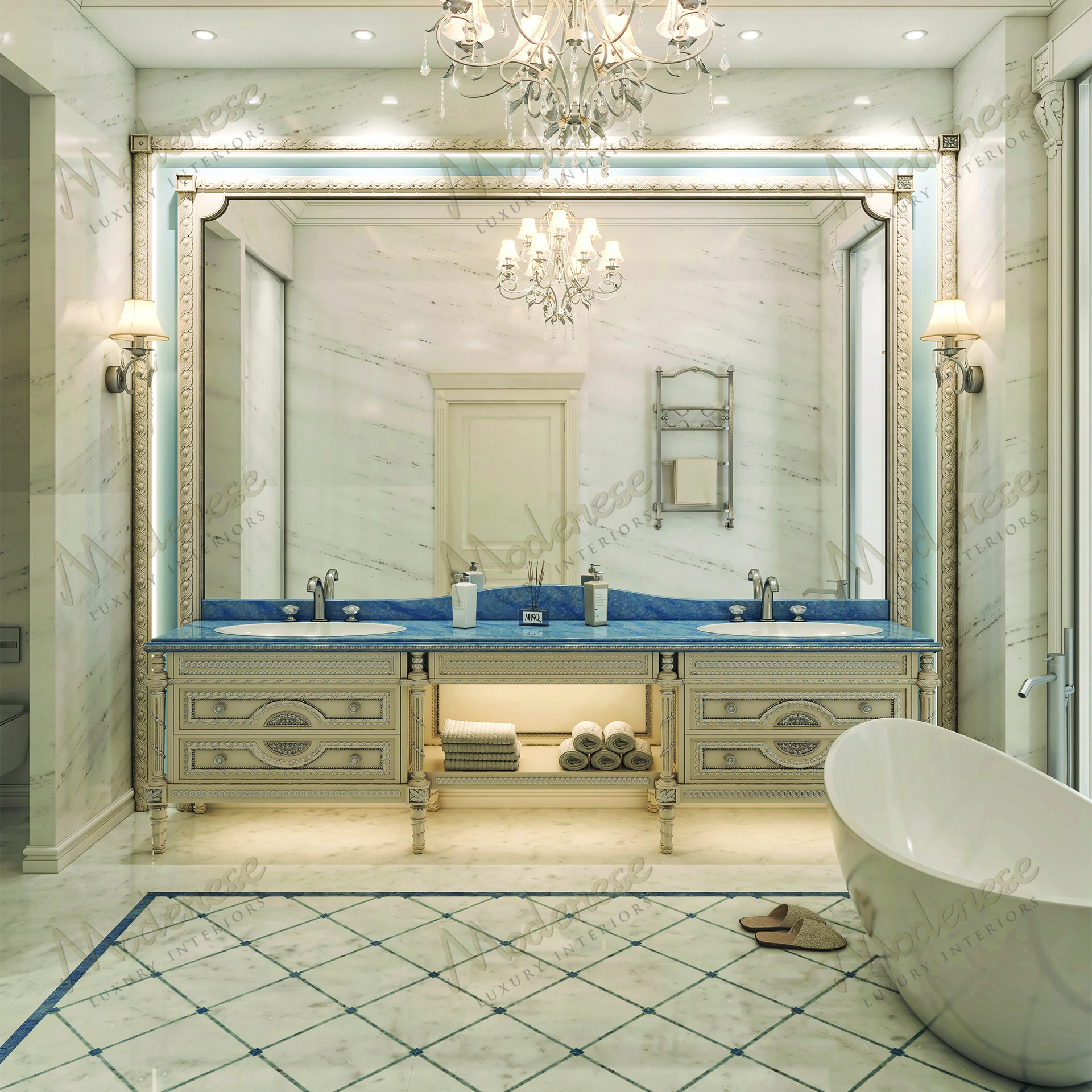 Elegant product with ivory lacquered finish and silver leaf details, showcasing a sophisticated design..