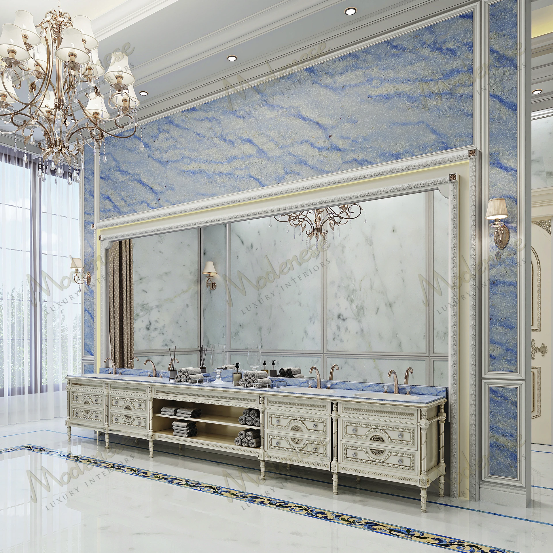 Elegant wood structure with marble top, adorned in ivory lacquer finish and silver leaf details, showcasing a sophisticated, fabric-free design..